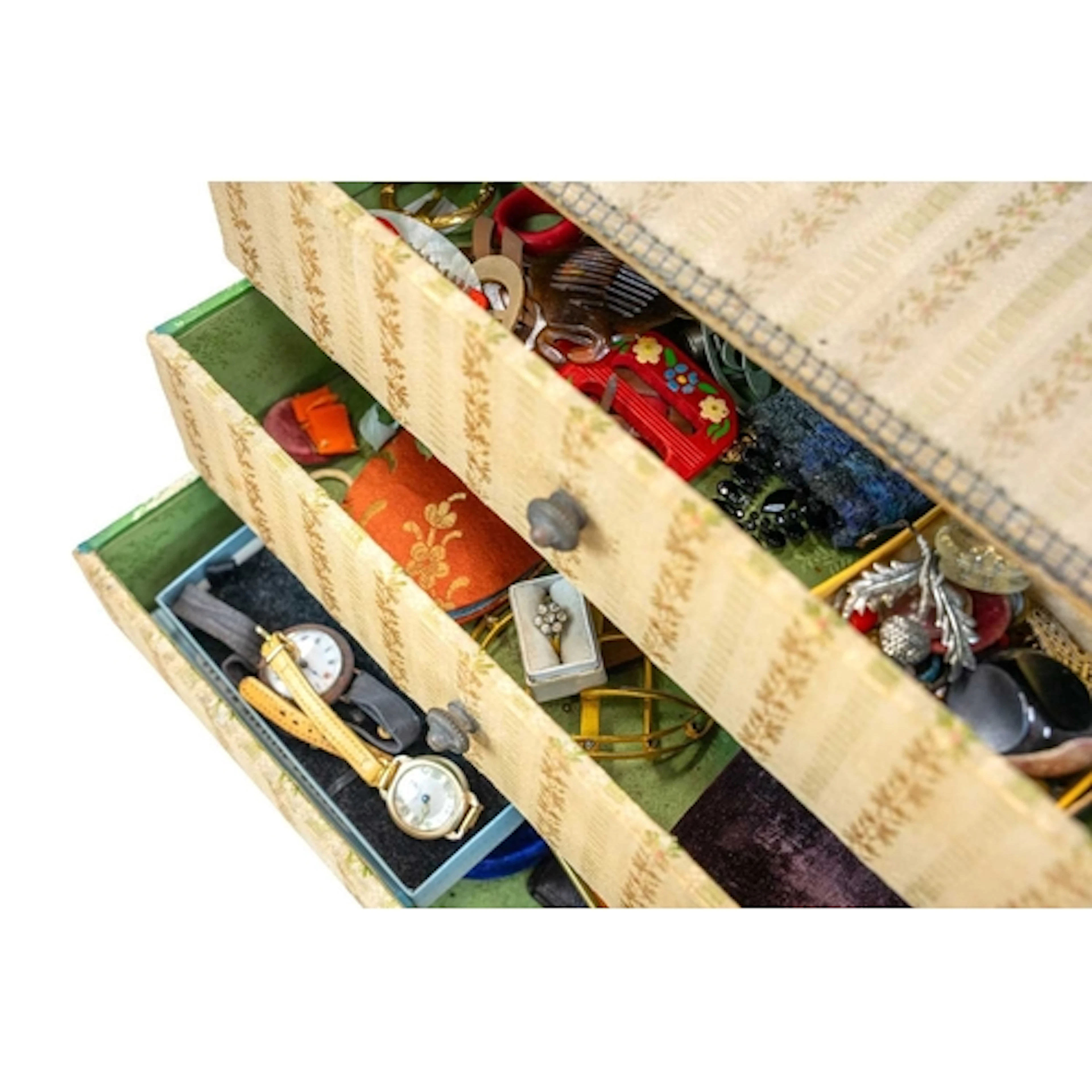 A fabric covered four drawer collectors chest, together with...
