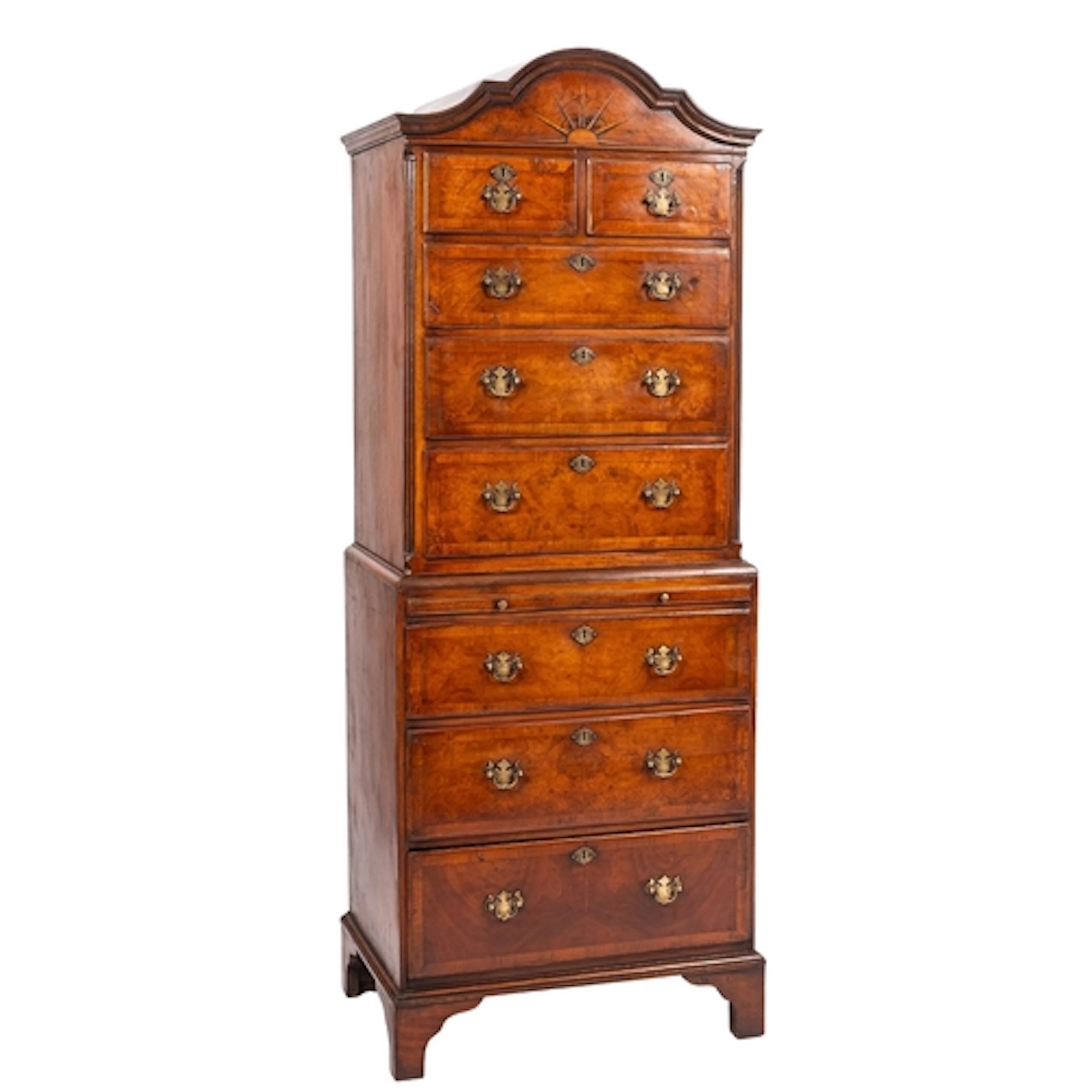 A walnut and crossbanded dwarf chest on chest in George I st...