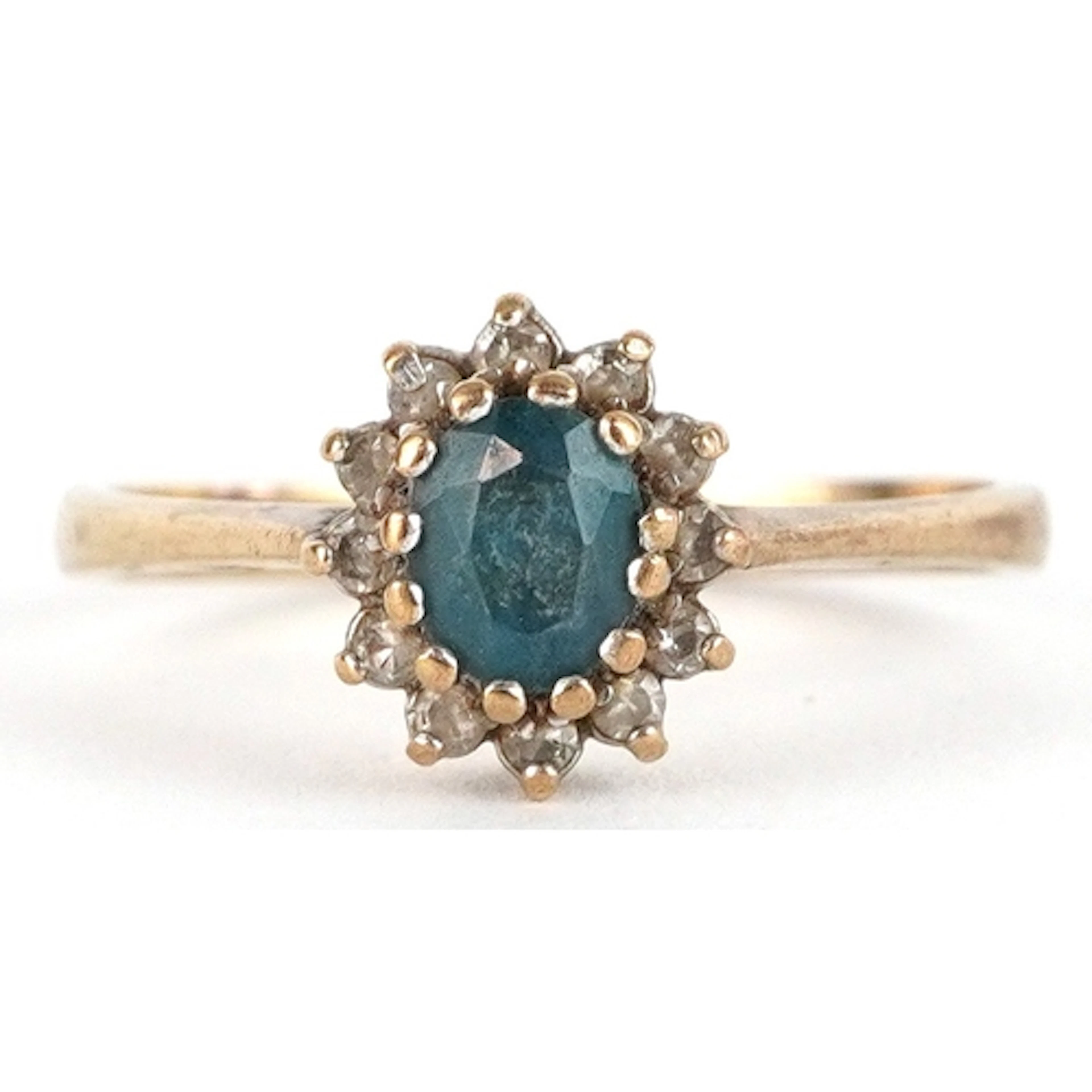 9ct gold blue stone and diamond cluster ring, size M, 1.6g.