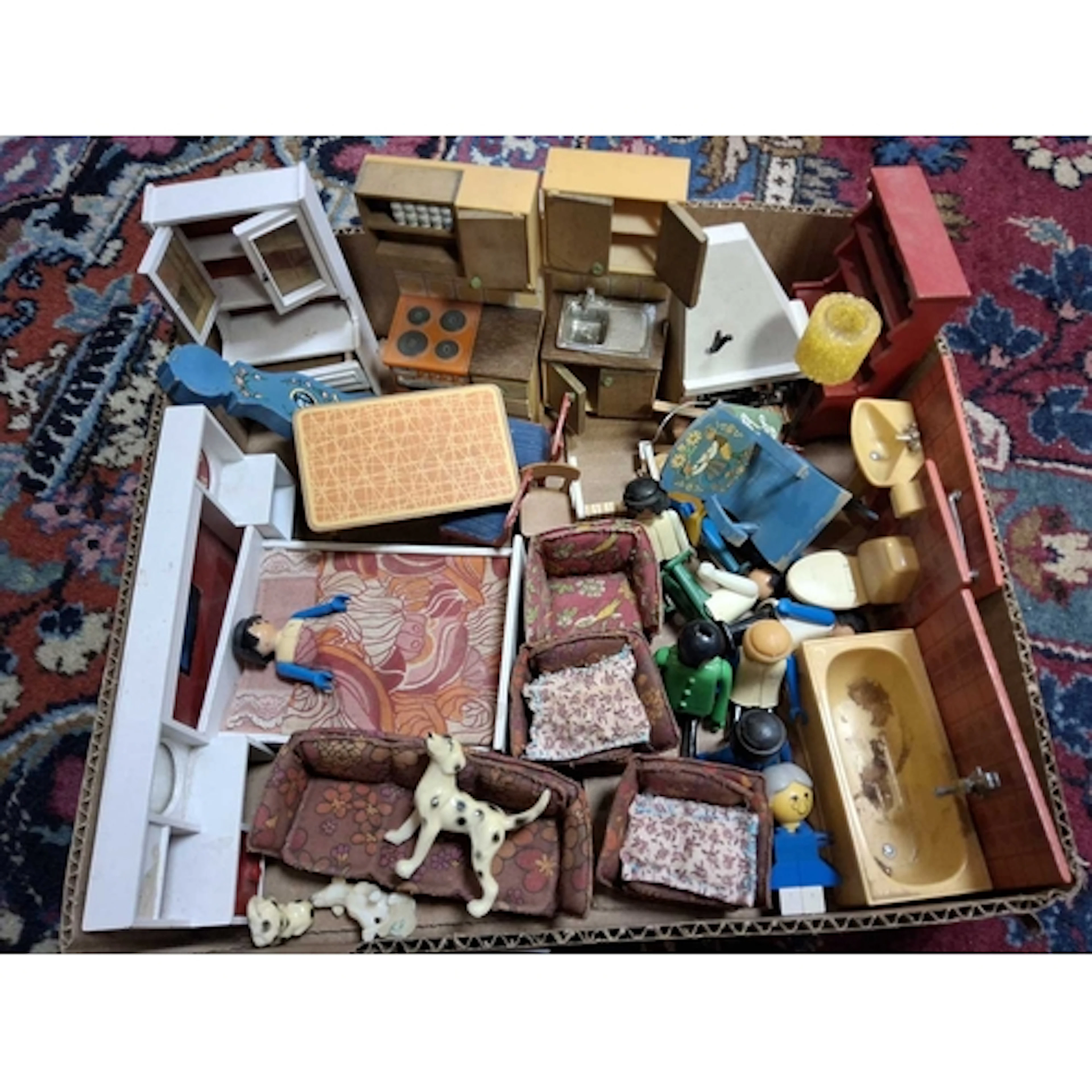 A BOX OF DOLLS FURNITURE ETC, to include vintage doll's furn...