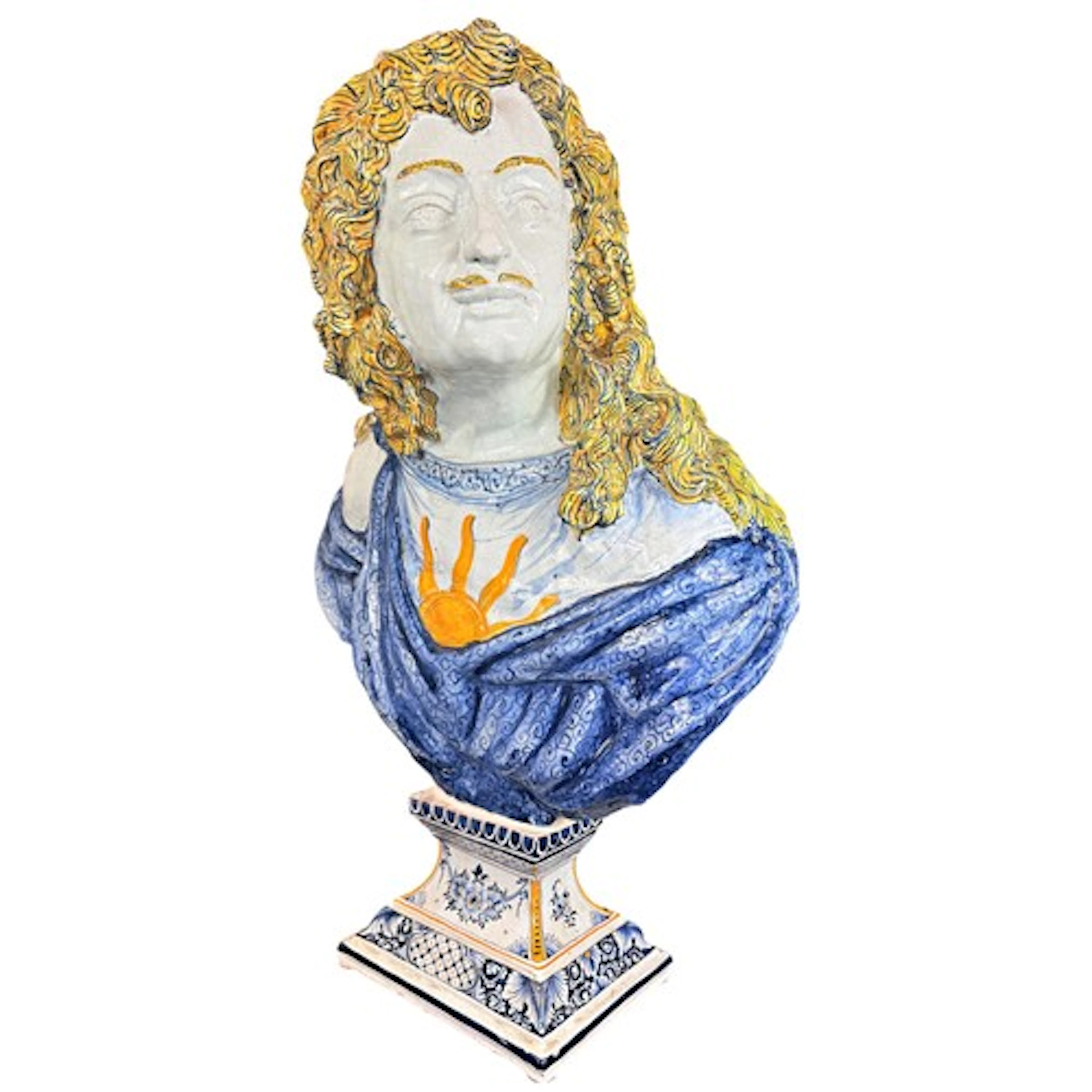 A monumental French polychrome Rouen faience bust of Louis X...