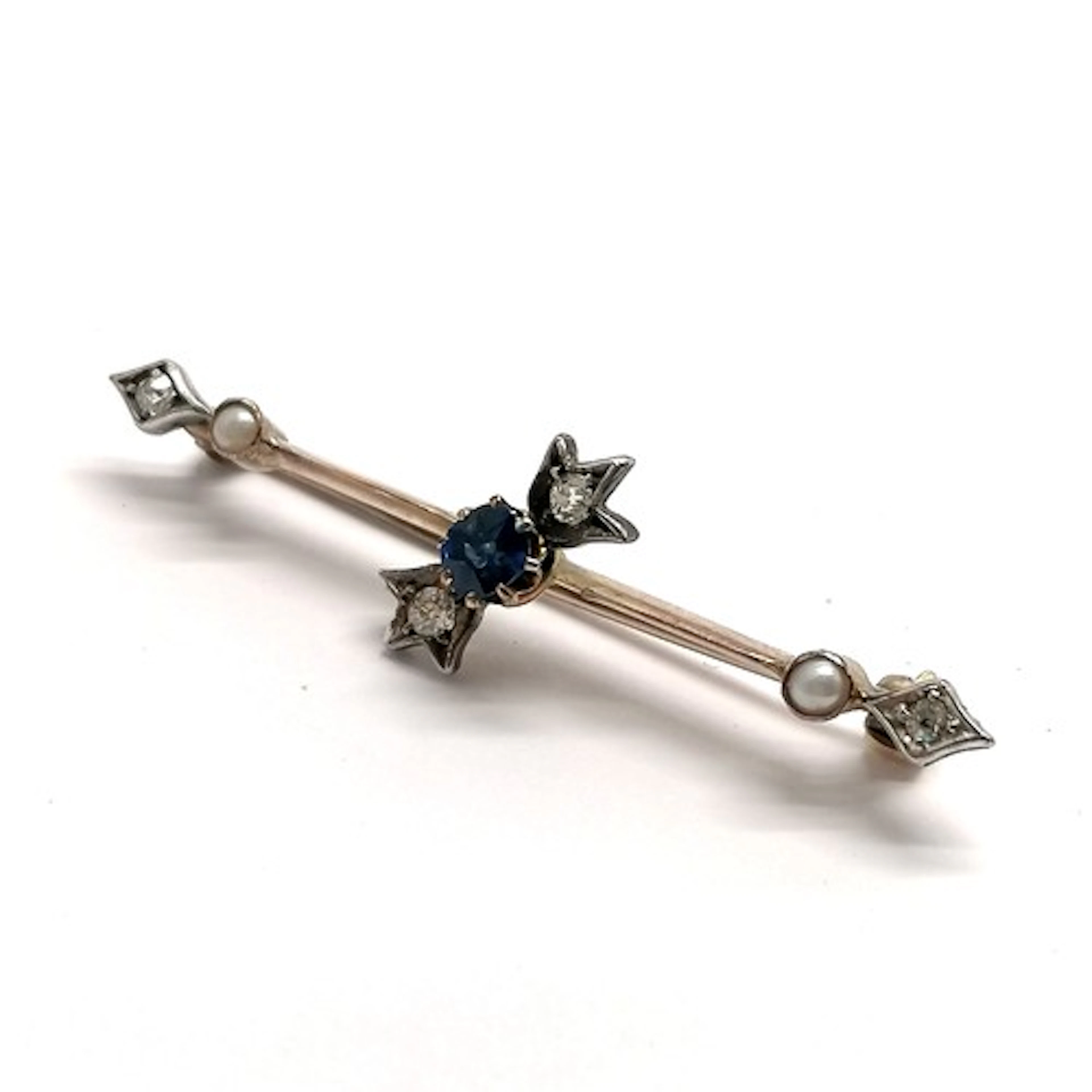 Antique diamond, blue stone & pearl set bar brooch made from...