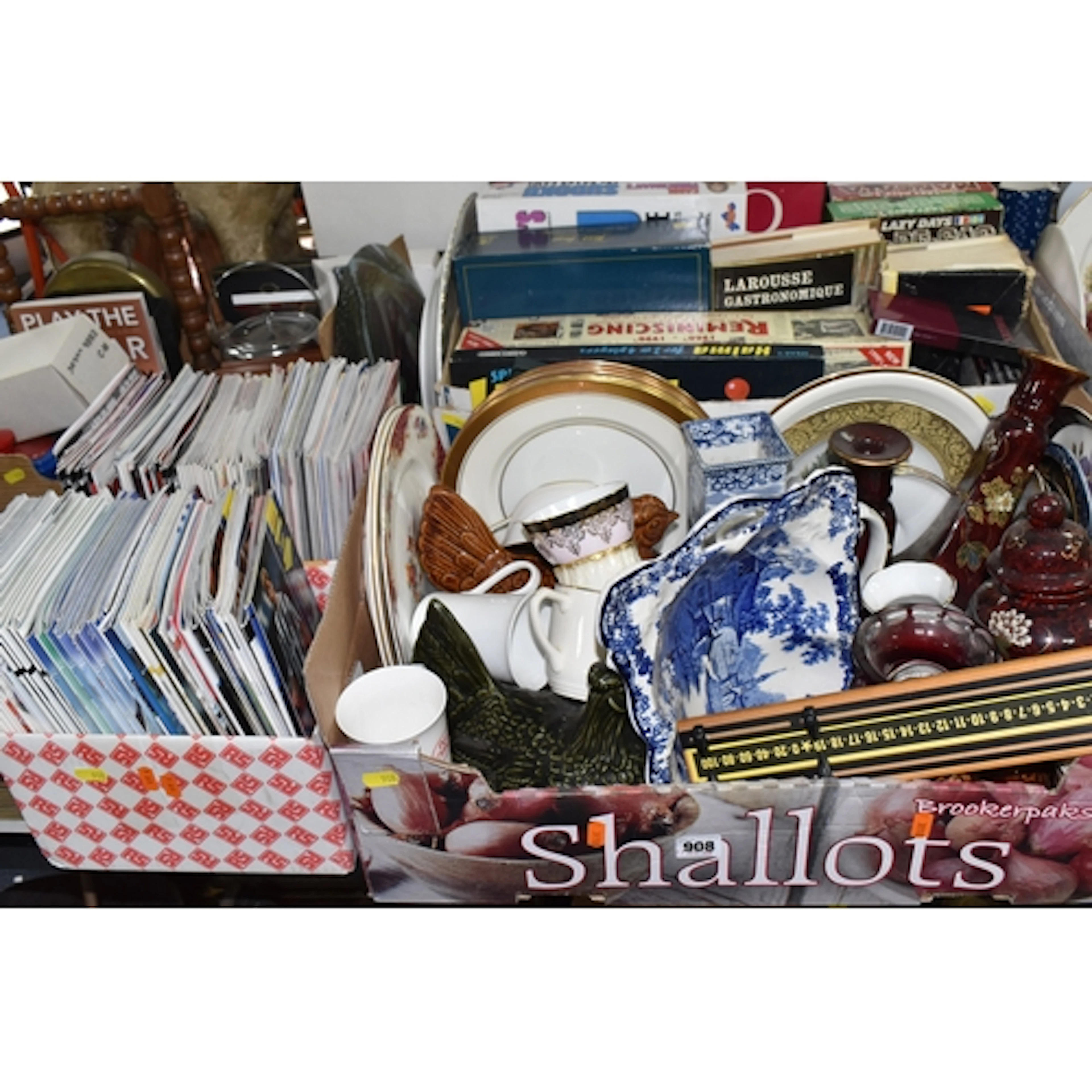 FIVE BOXES AND LOOSE SUNDRIES to include two boxes of footba...