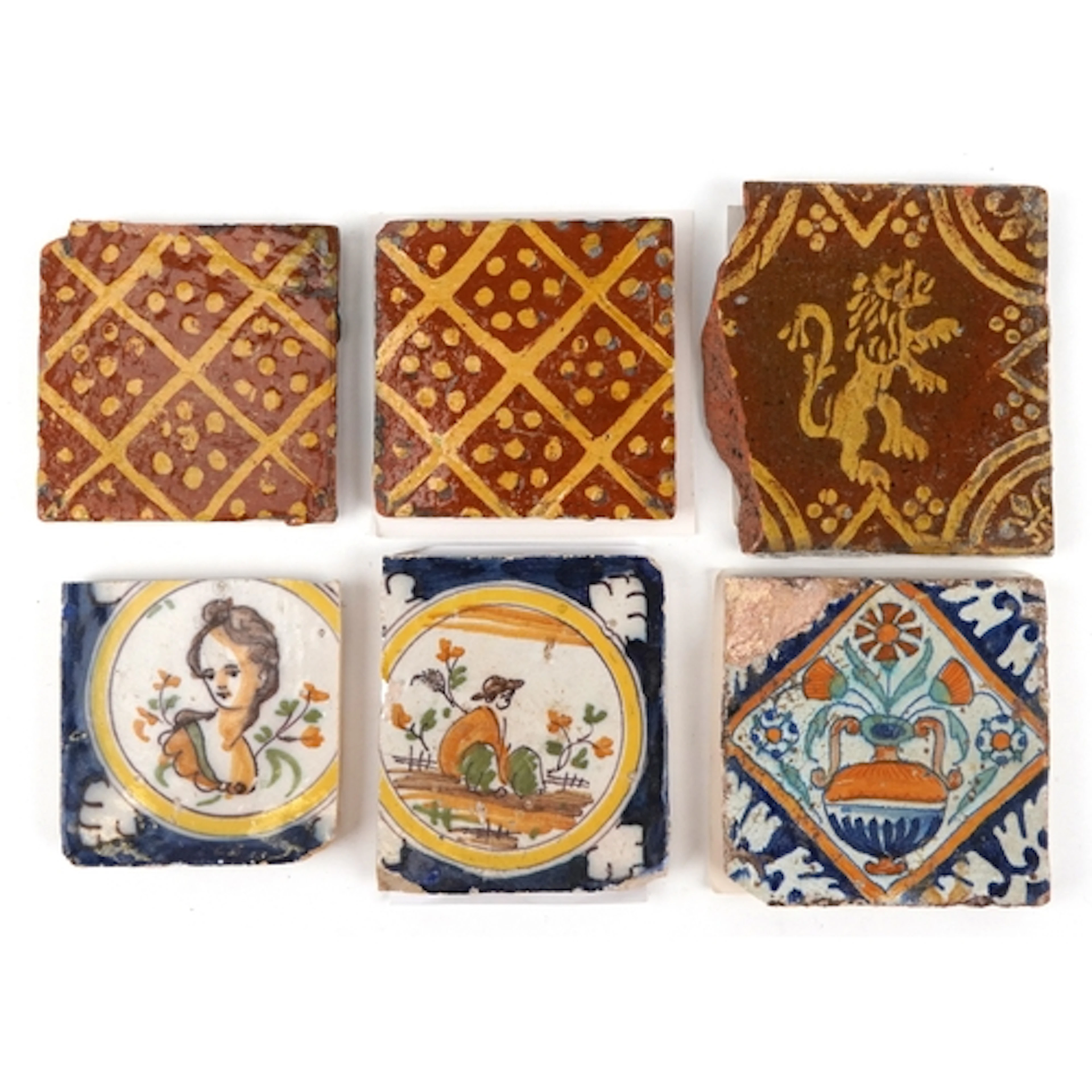 Six 17th century and later Dutch and Spanish pottery tiles w...