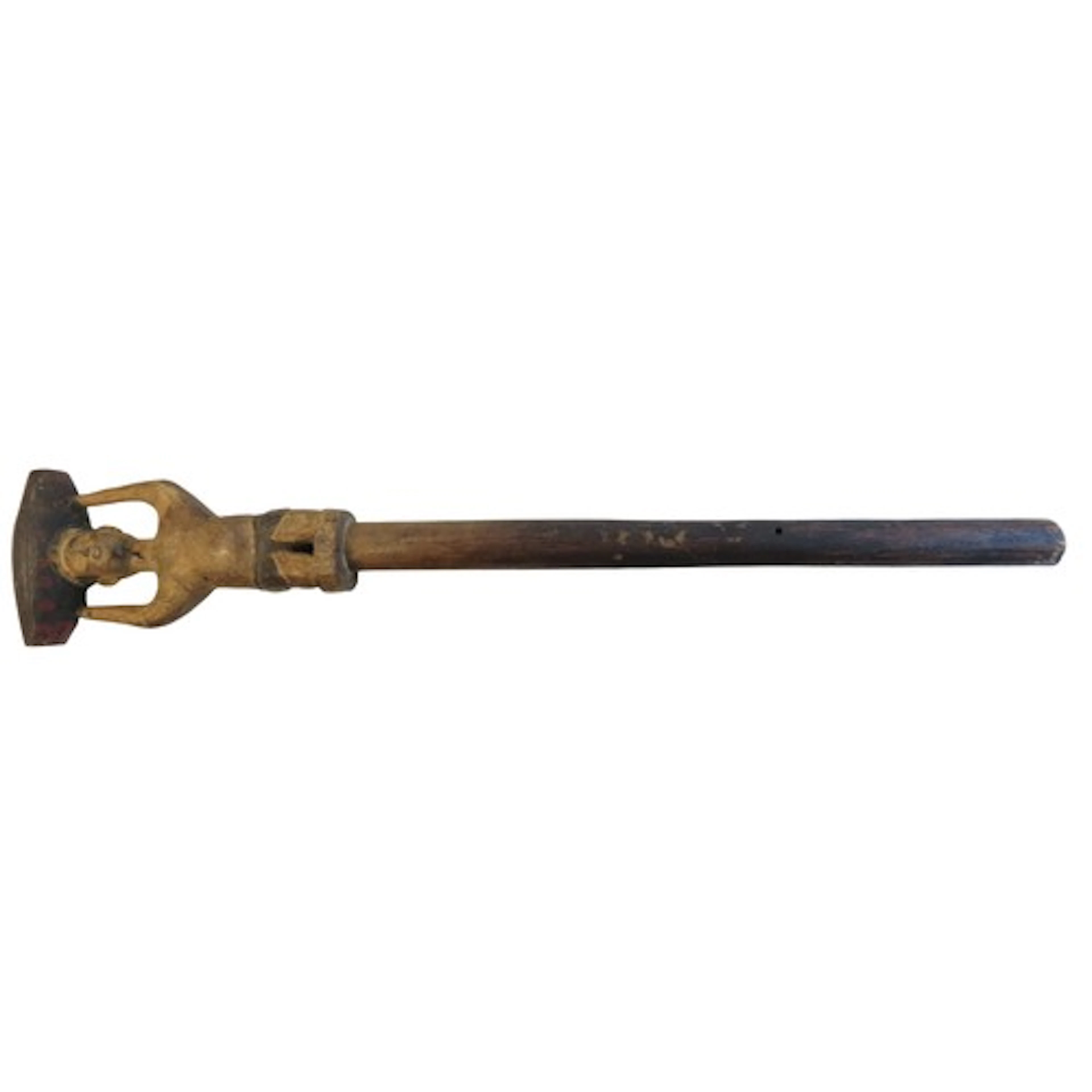 A FIGURATIVE CARVED WOODEN STAFF TOP depicting a man holding...
