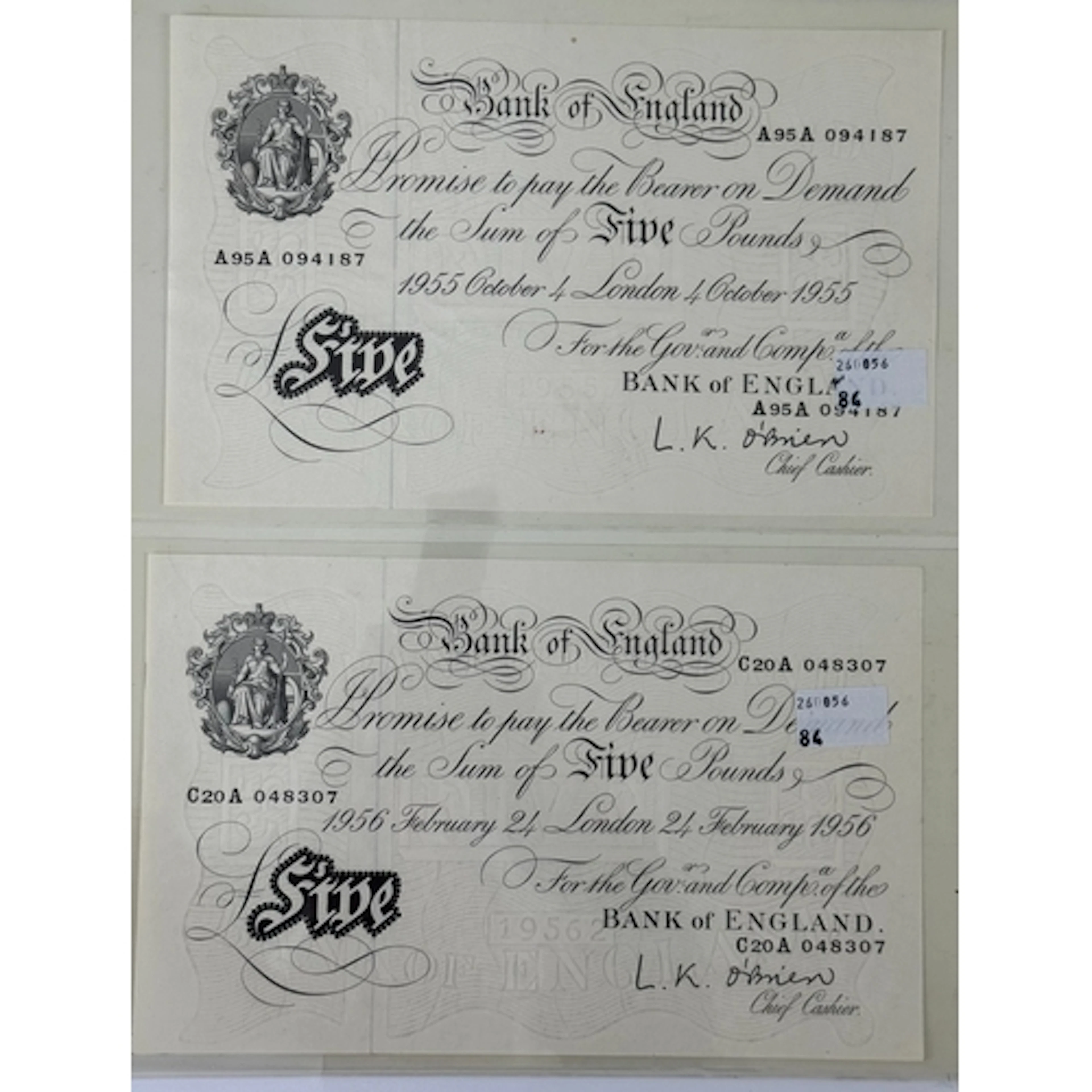 Banknotes: L K O'Brien £5 notes, (2) serial numbers A95A 094...