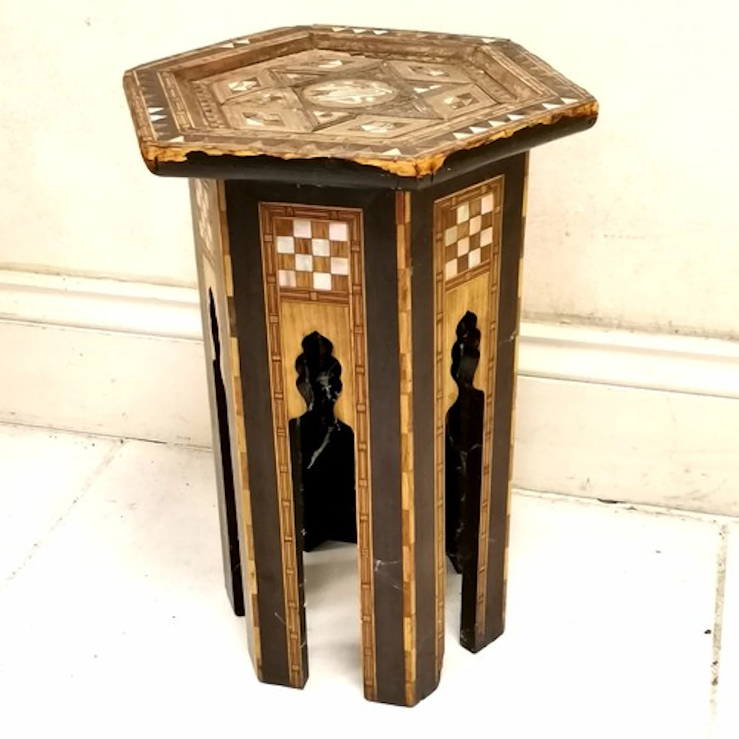 Antique Moorish inlaid side table - 46.5cm high x 31cm acros...