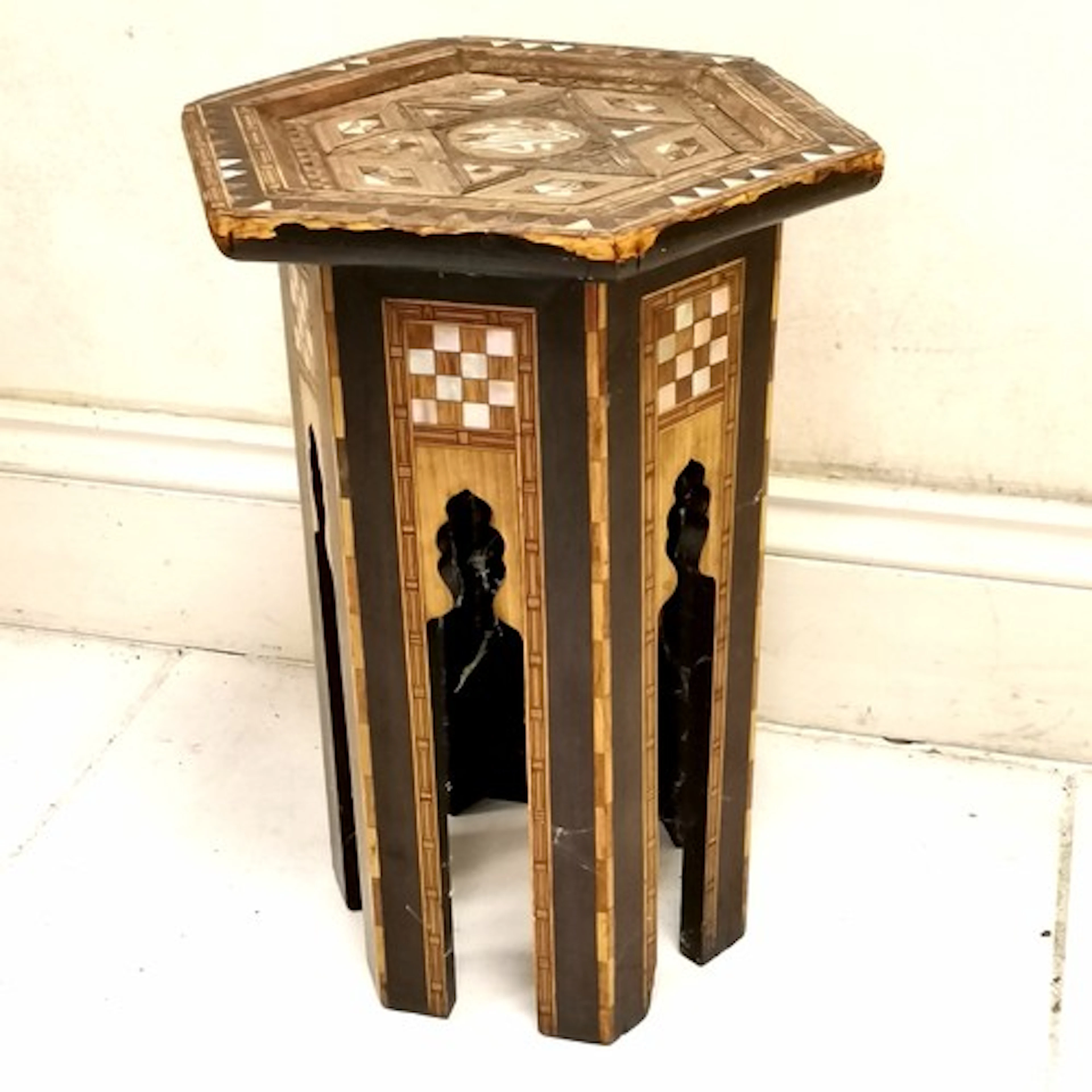 Antique Moorish inlaid side table - 46.5cm high x 31cm acros...