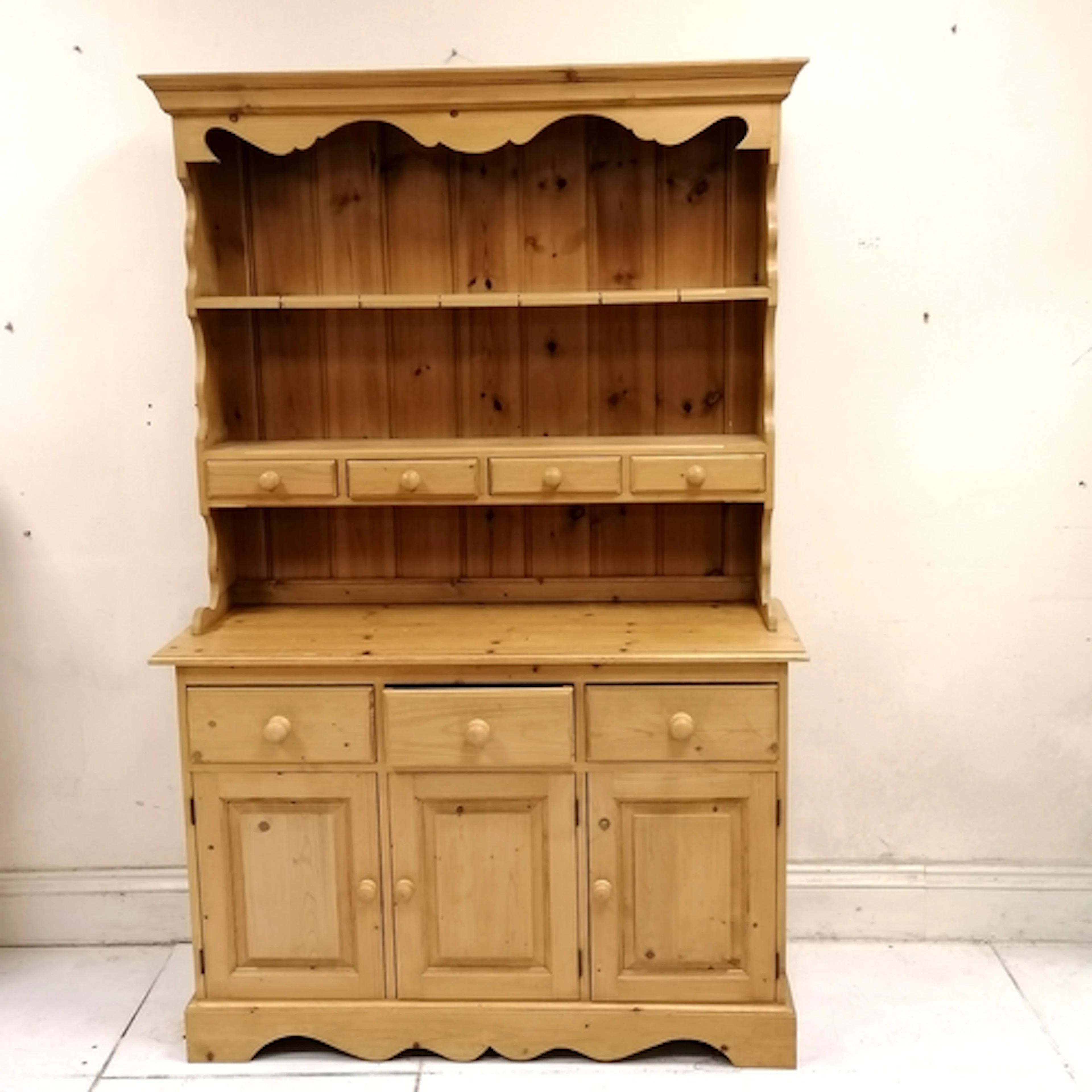 Pine 2 part dresser with cupboard and drawer base - 122cm wi...