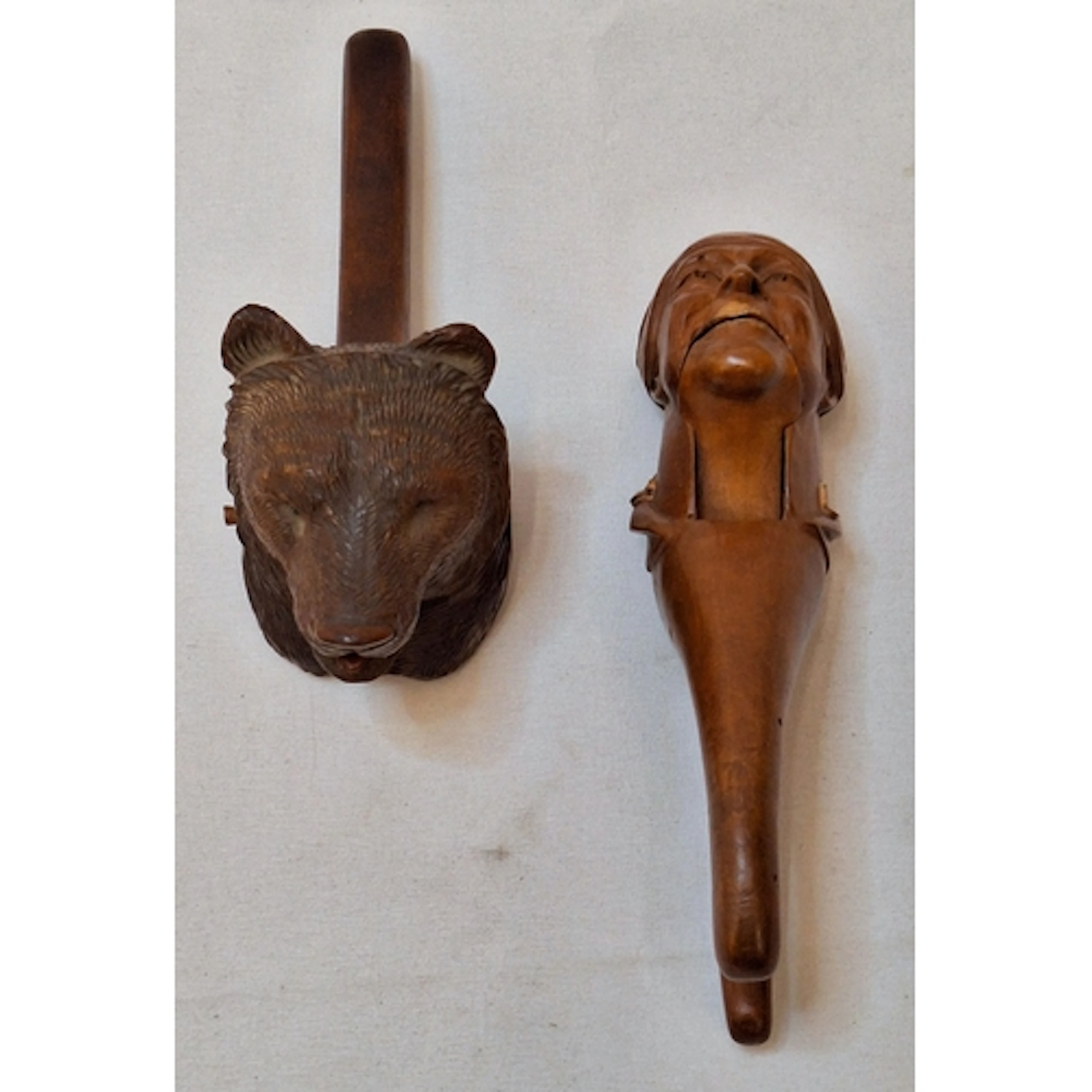 2 Wooden Black Forest Style Nutcrackers, bears head & woman ...