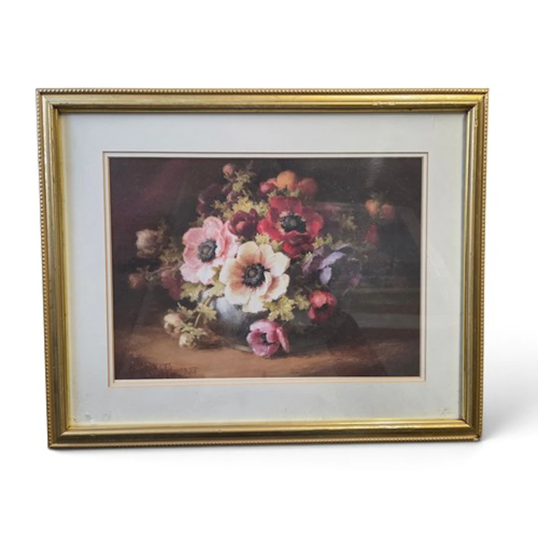 A Still life Print of poppies in a bowl on a table setting.