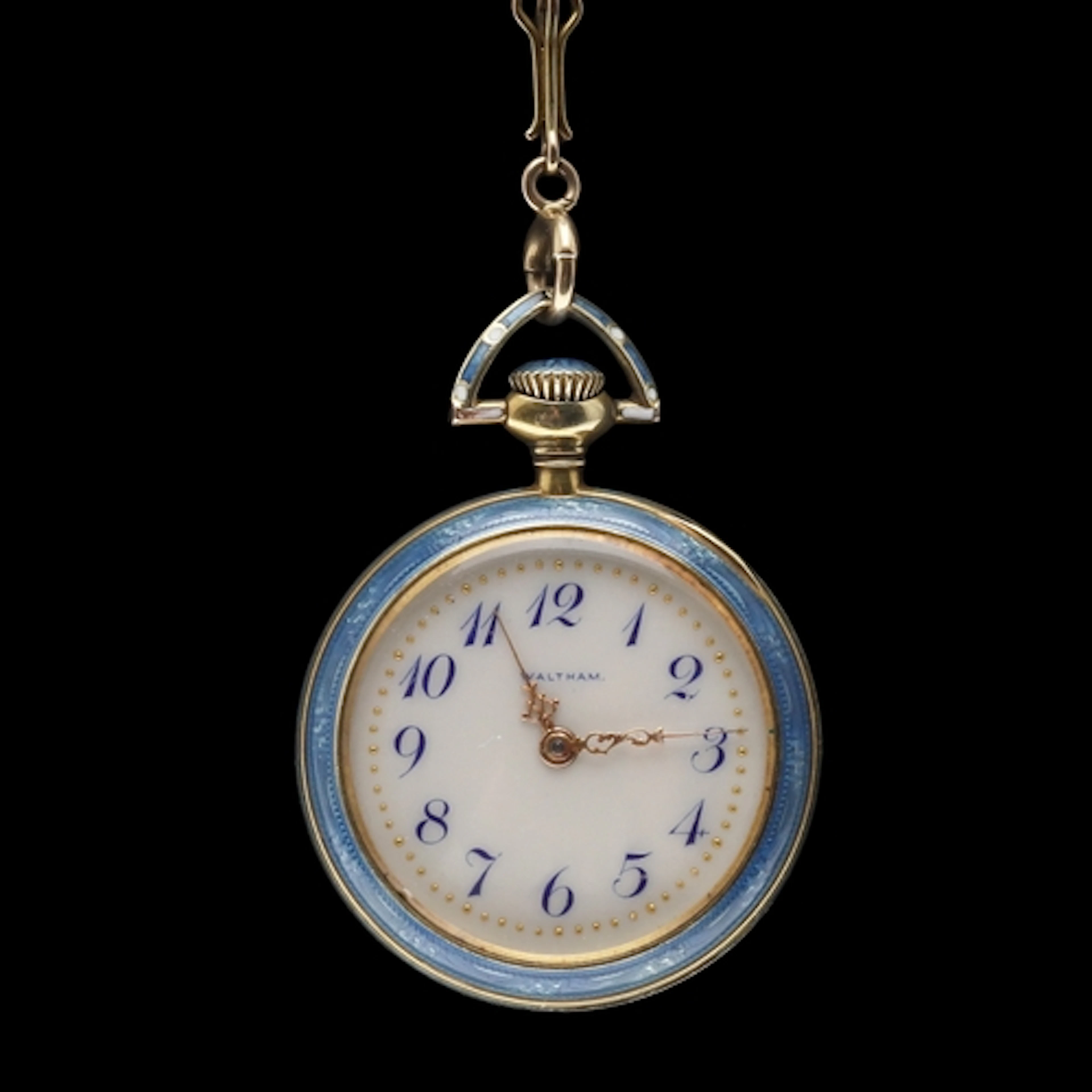 AN ENAMEL AND GOLD OPEN FACED POCKET WATCH BY WALTHAM. the s...