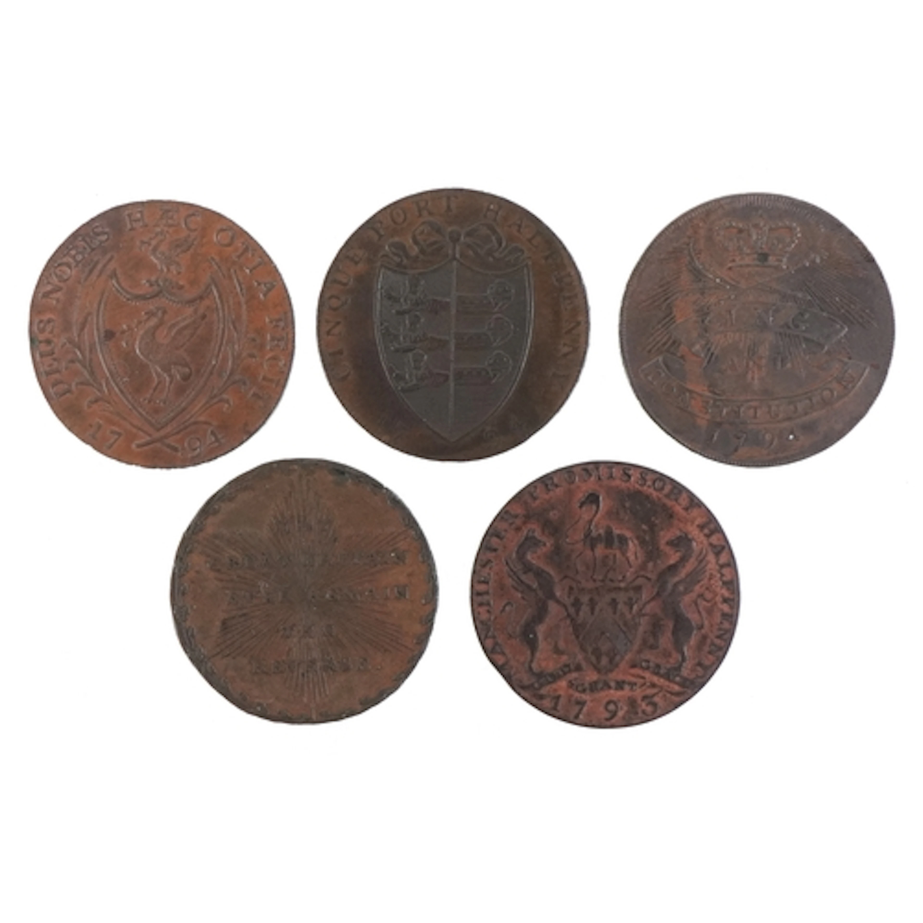 Five 18th century copper halfpenny tokens comprising a 1793 ...