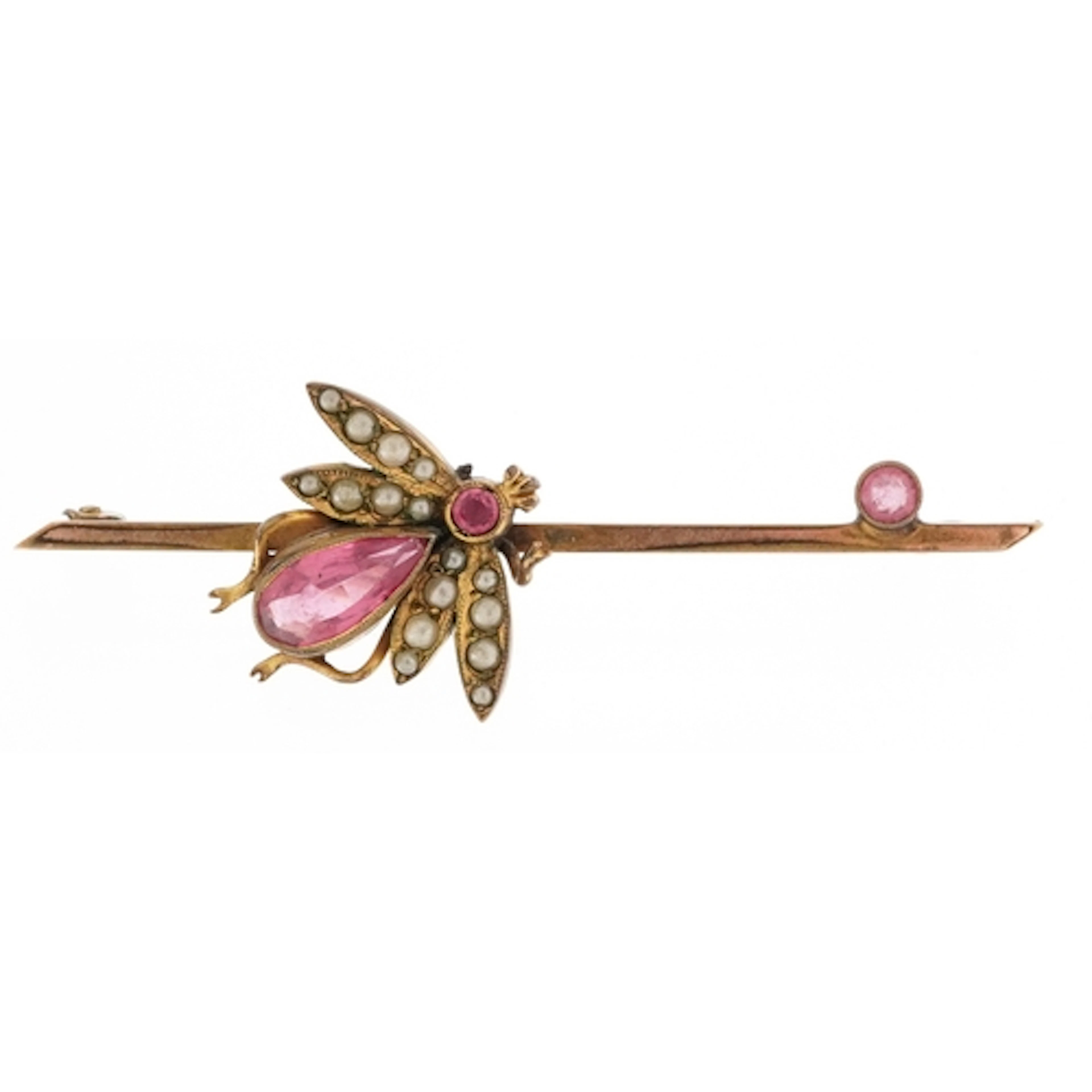 Edwardian gilt metal bar brooch in the form of a fly set wit...
