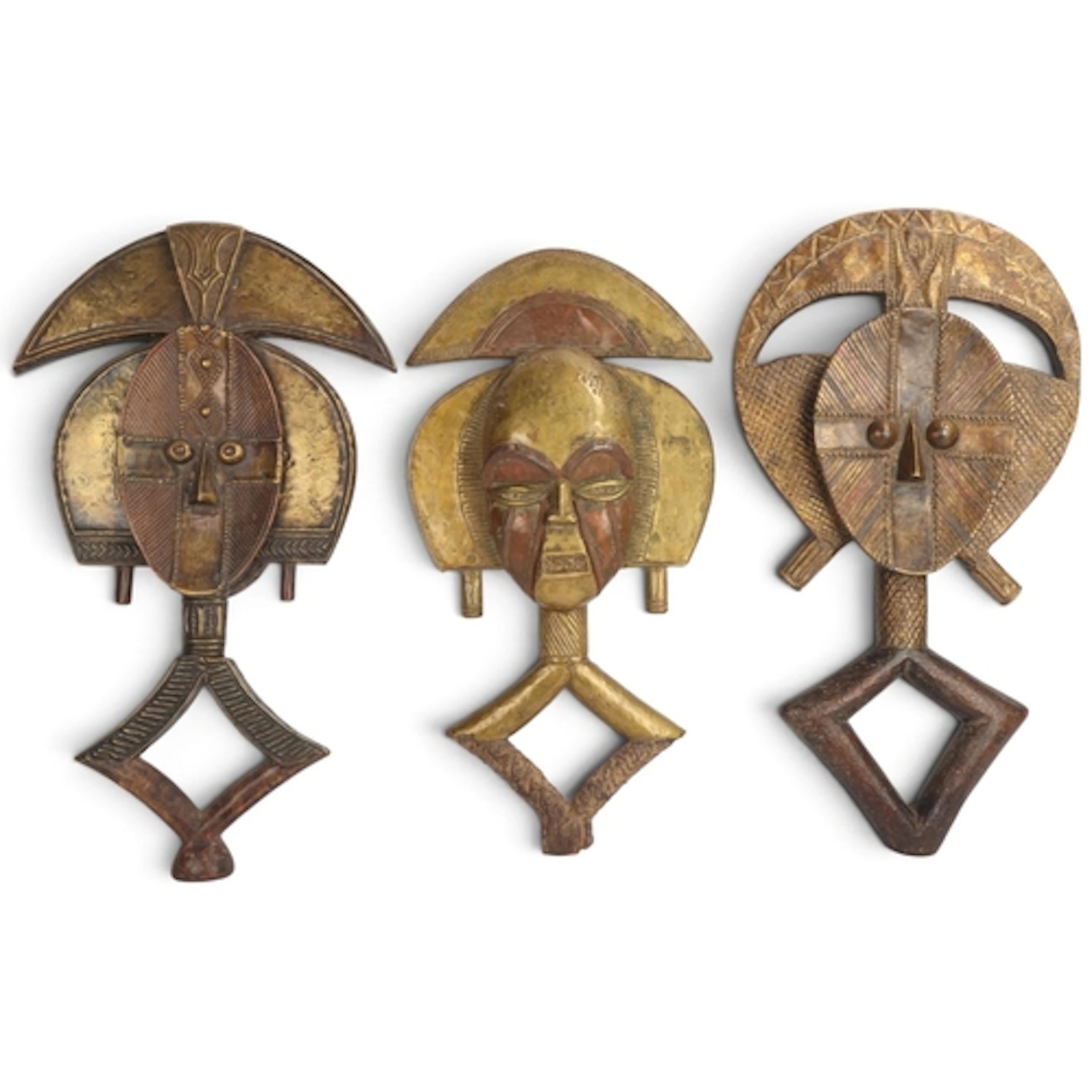 3 Cota reliquary guardian figures, Gabon, brass and wood, le...