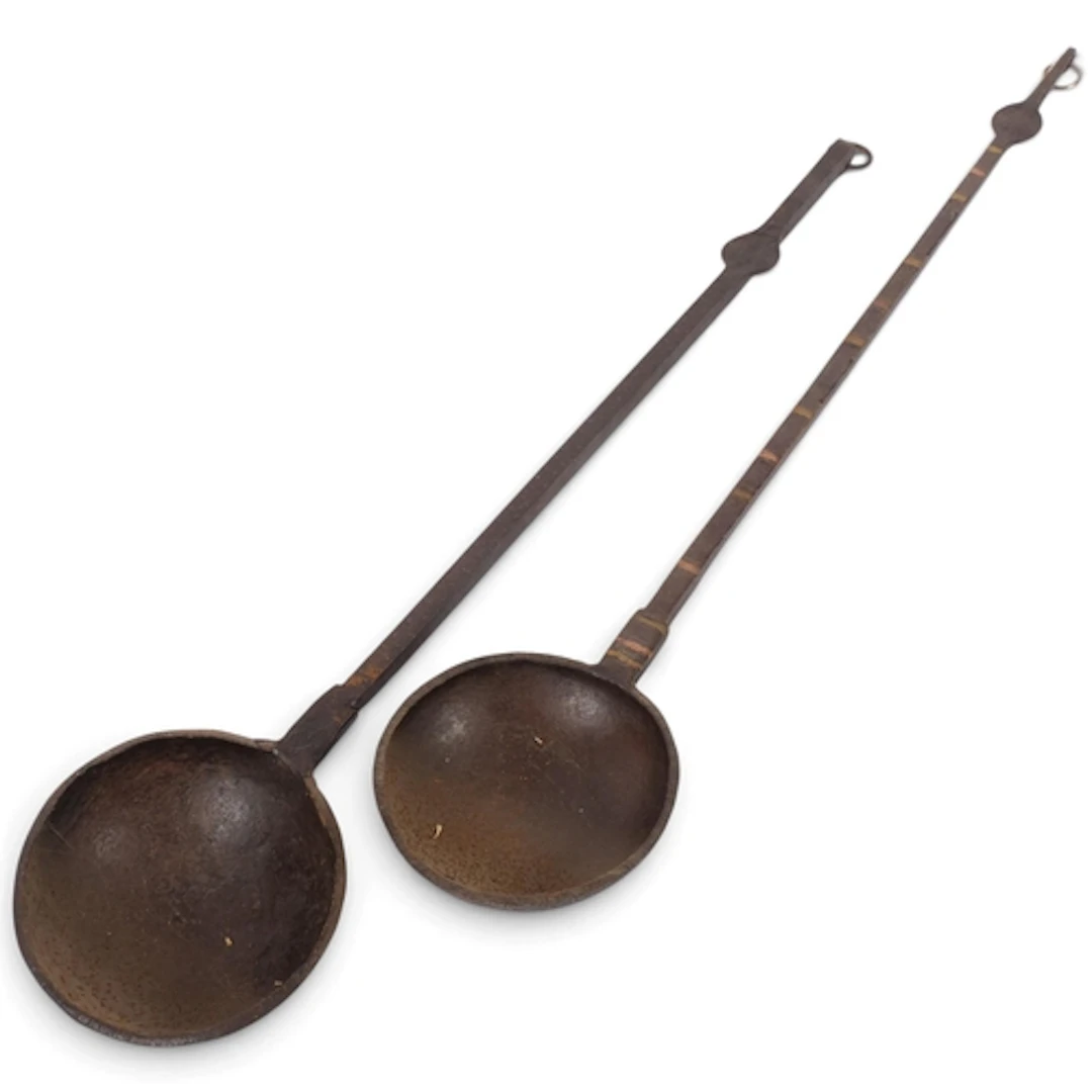 2 large Antique iron ladles, L69cm