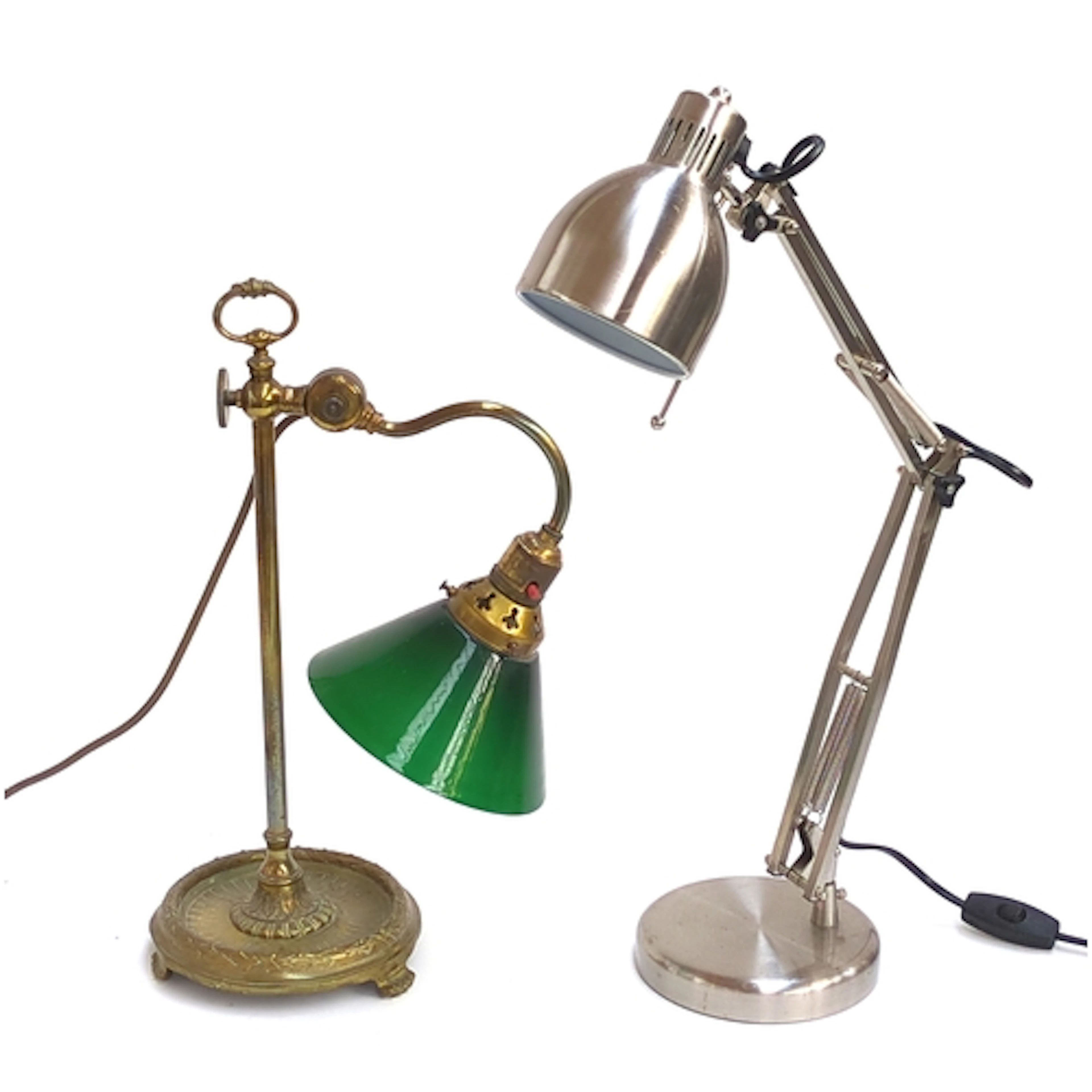 An antique brass adjustable desk lamp with green conical sha...
