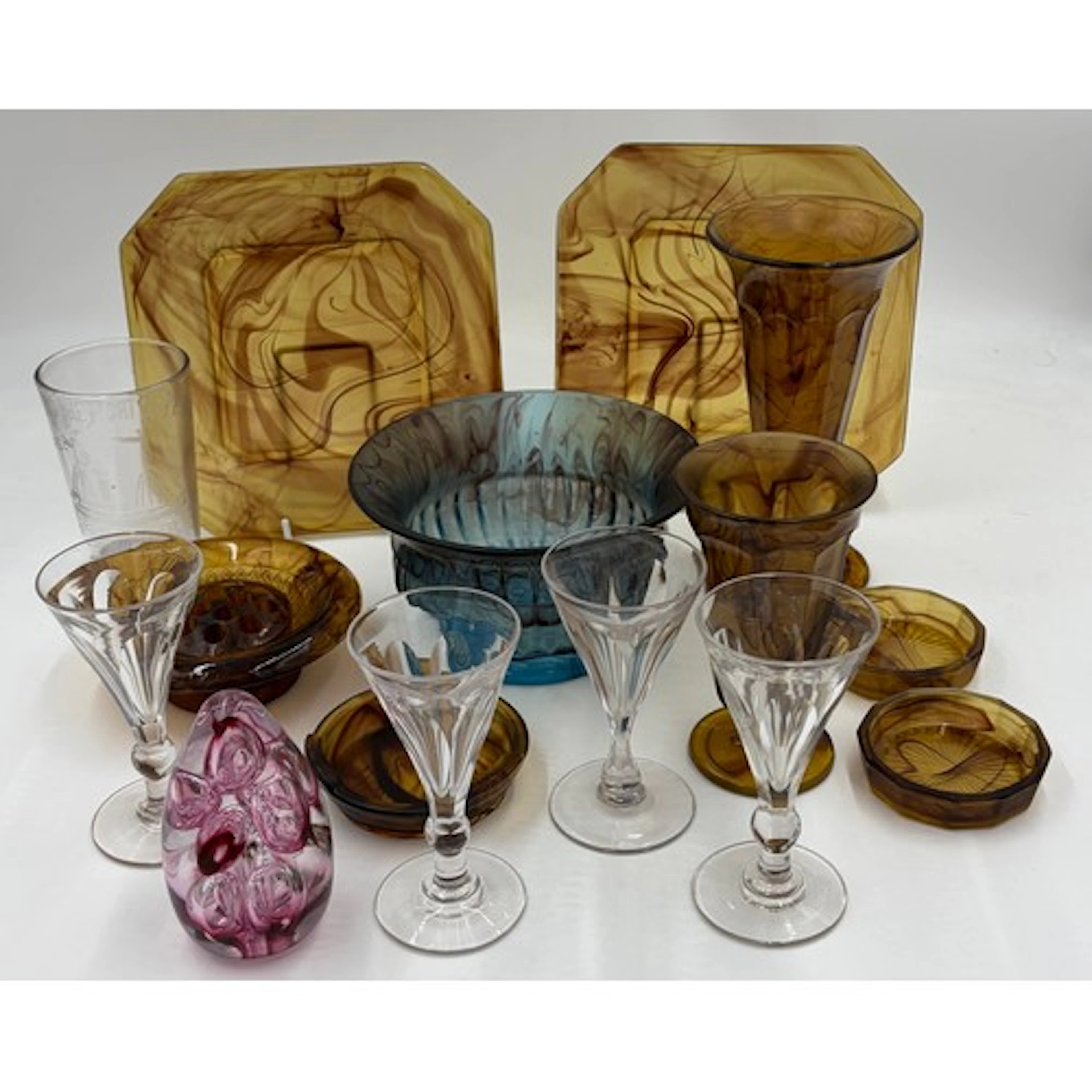 A collection of George Davidson amber and blue cloud glass, ...