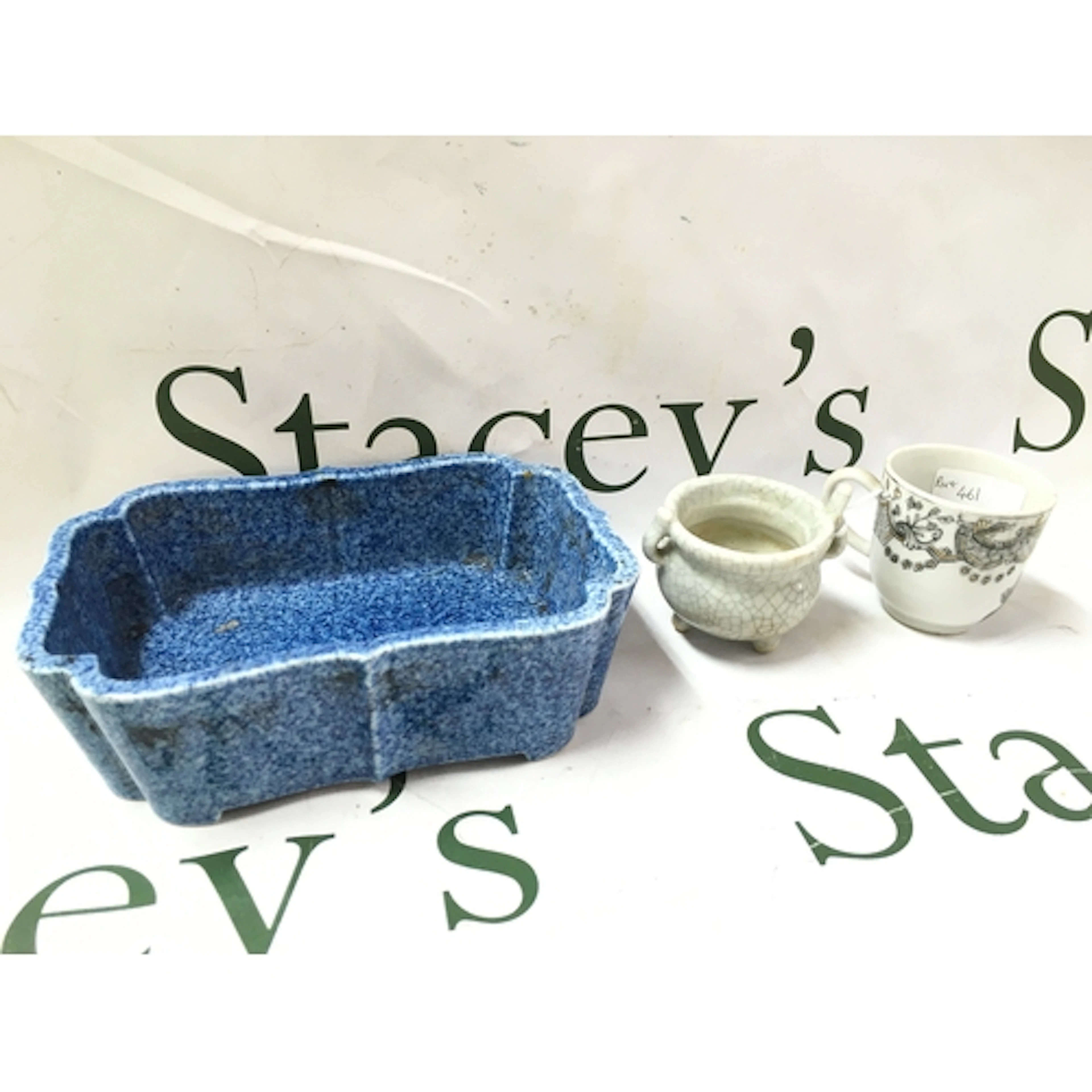 Chinese Bonsai pot, crackle glaze tripod censer, tea cup