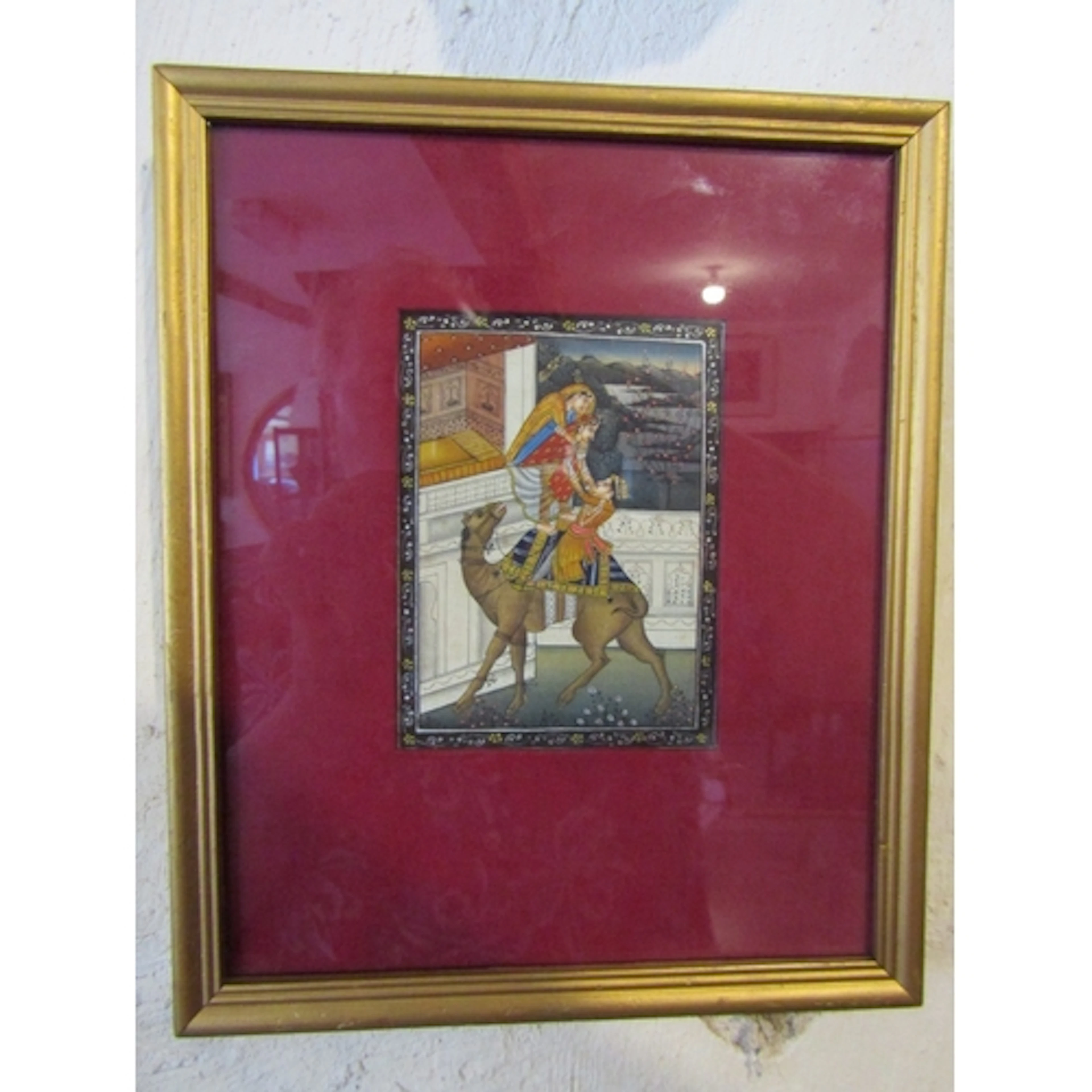 Persian School Gilt Framed Painting on Velum Three People on...