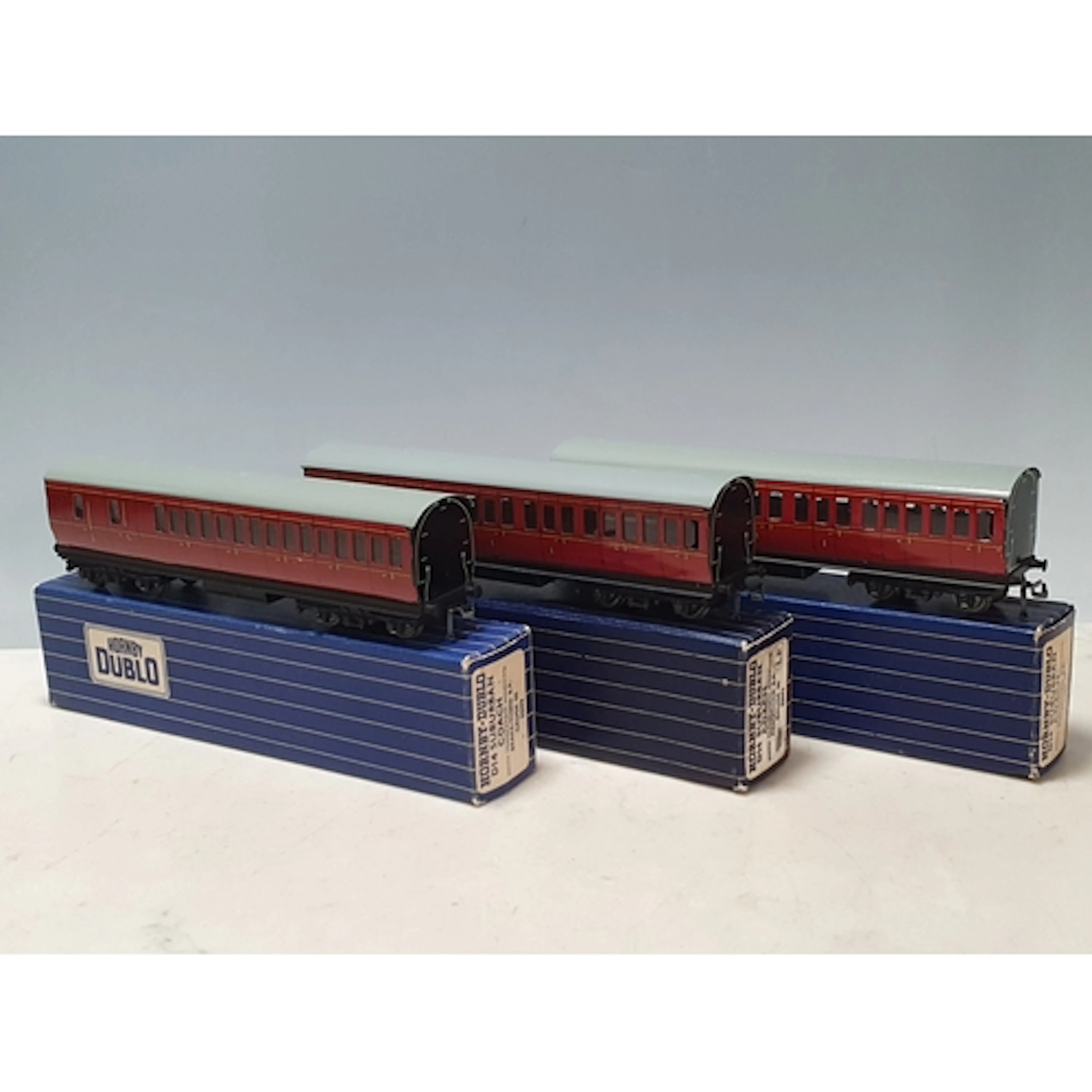 Three boxed Hornby Dublo D14 BR Suburban Coaches comprising ...