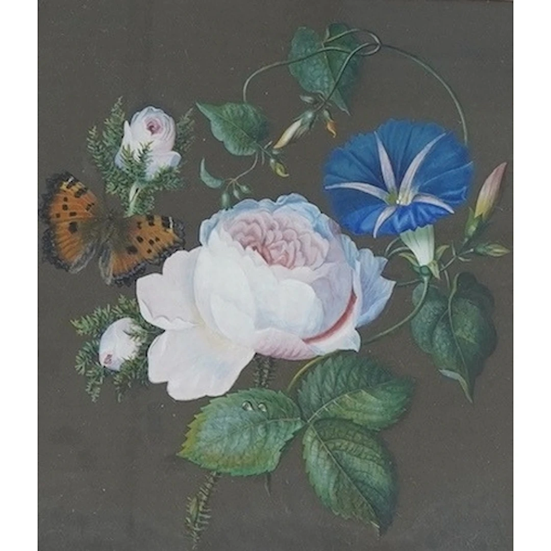 Henry Lock (Victorian school), butterfly amongst flowers, si...