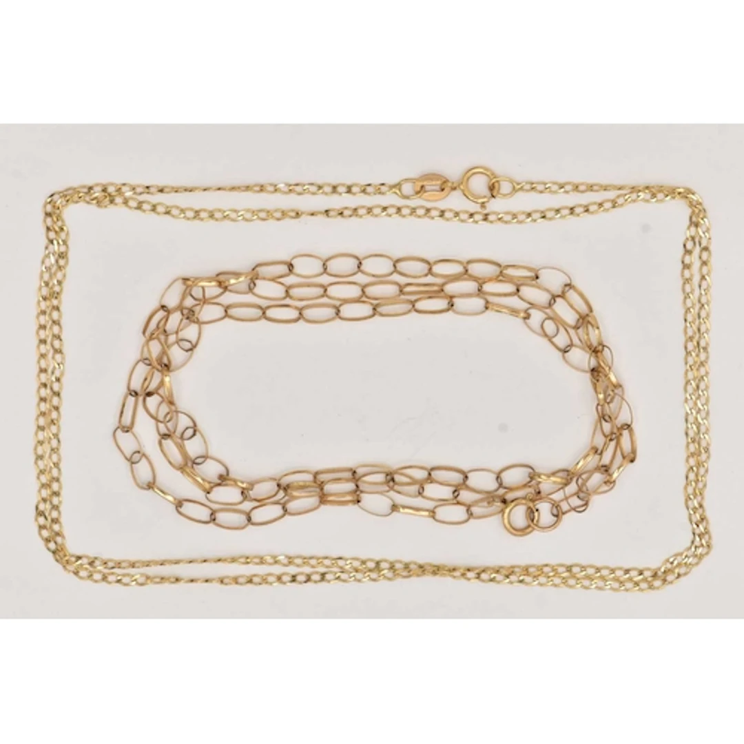 TWO FINE 9CT GOLD CHAINS, the first a 9ct gold fine curb lin...
