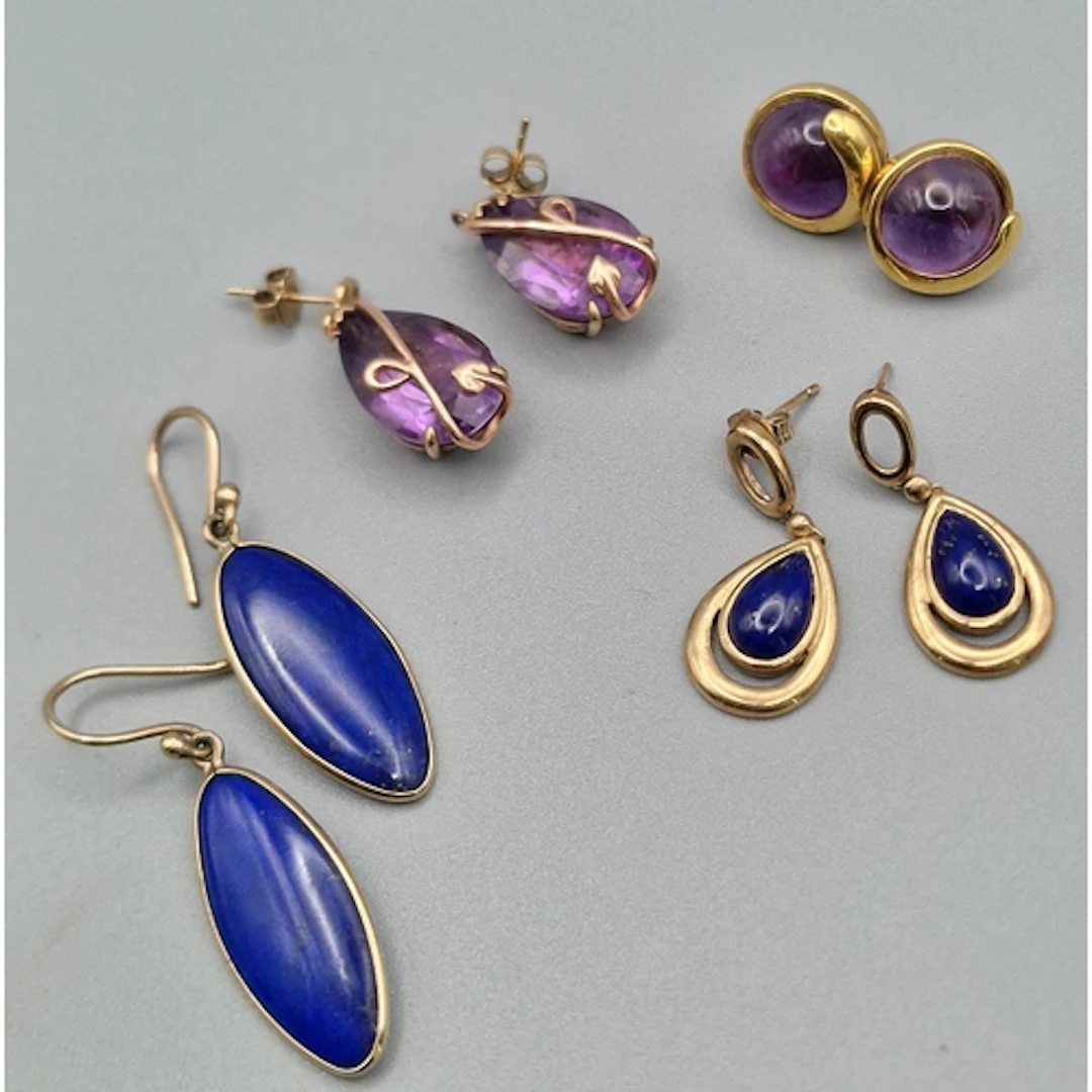 Collection of four pairs of 9ct gold earrings set with ameth...