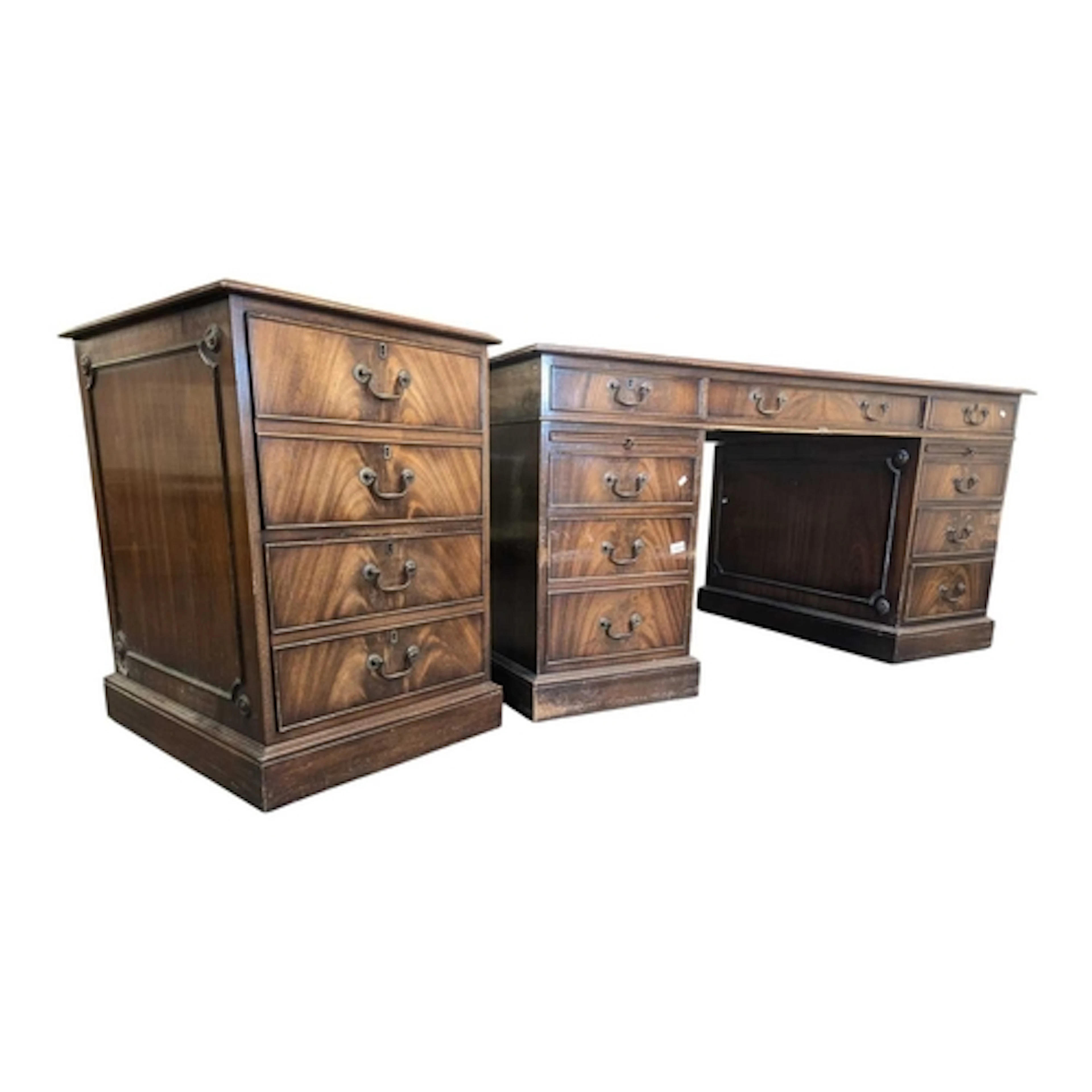 A large 20th century reproduction mahogany and leather twin ...
