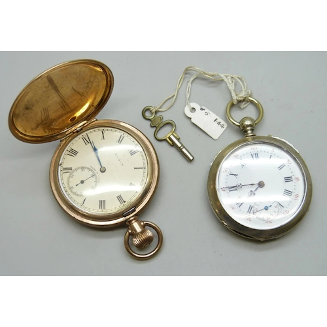 A gold plated Elgin full Hunter top wind pocket watch, perso...