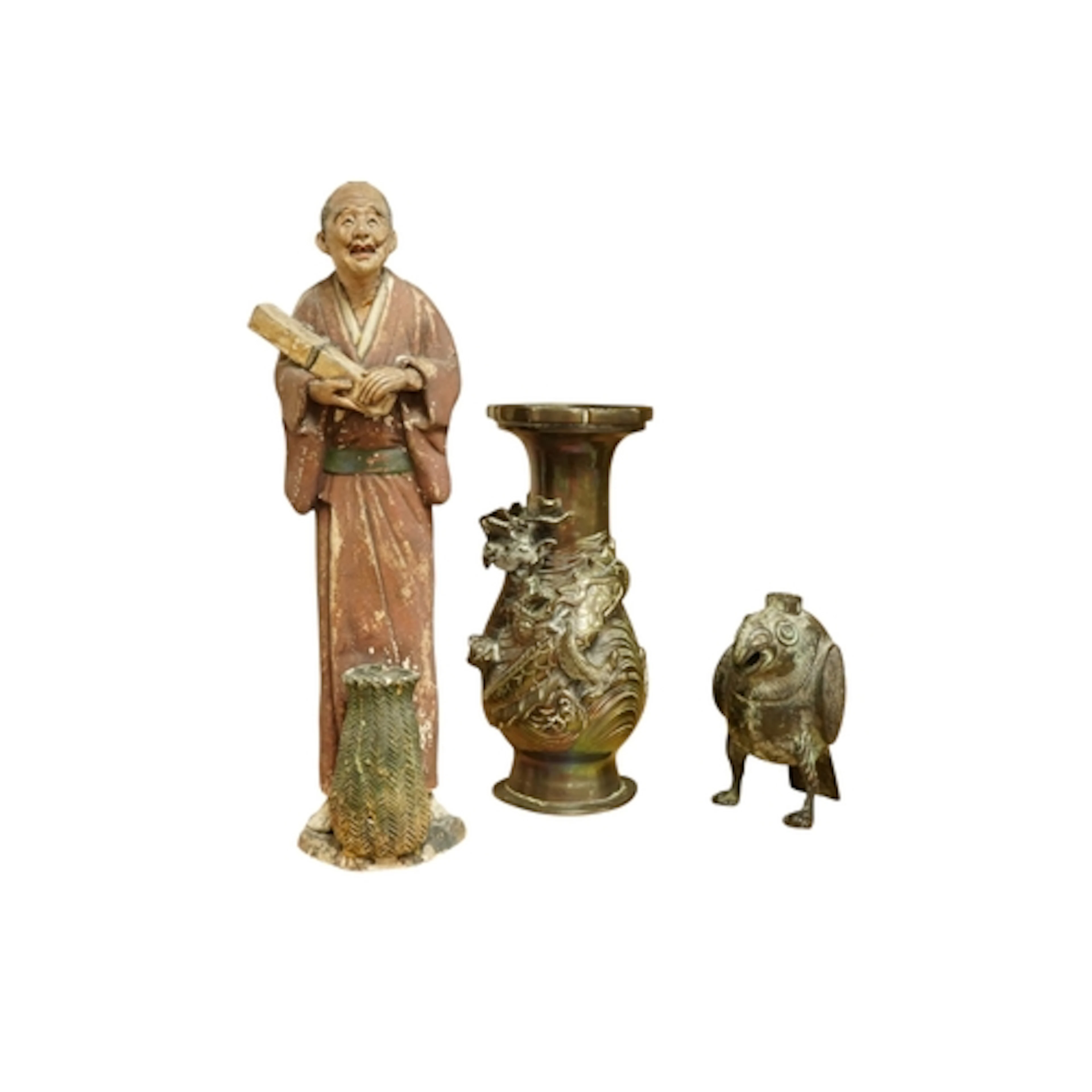 A Japanese bronze 'dragon' vase, height 21cm, a bronze bird ...