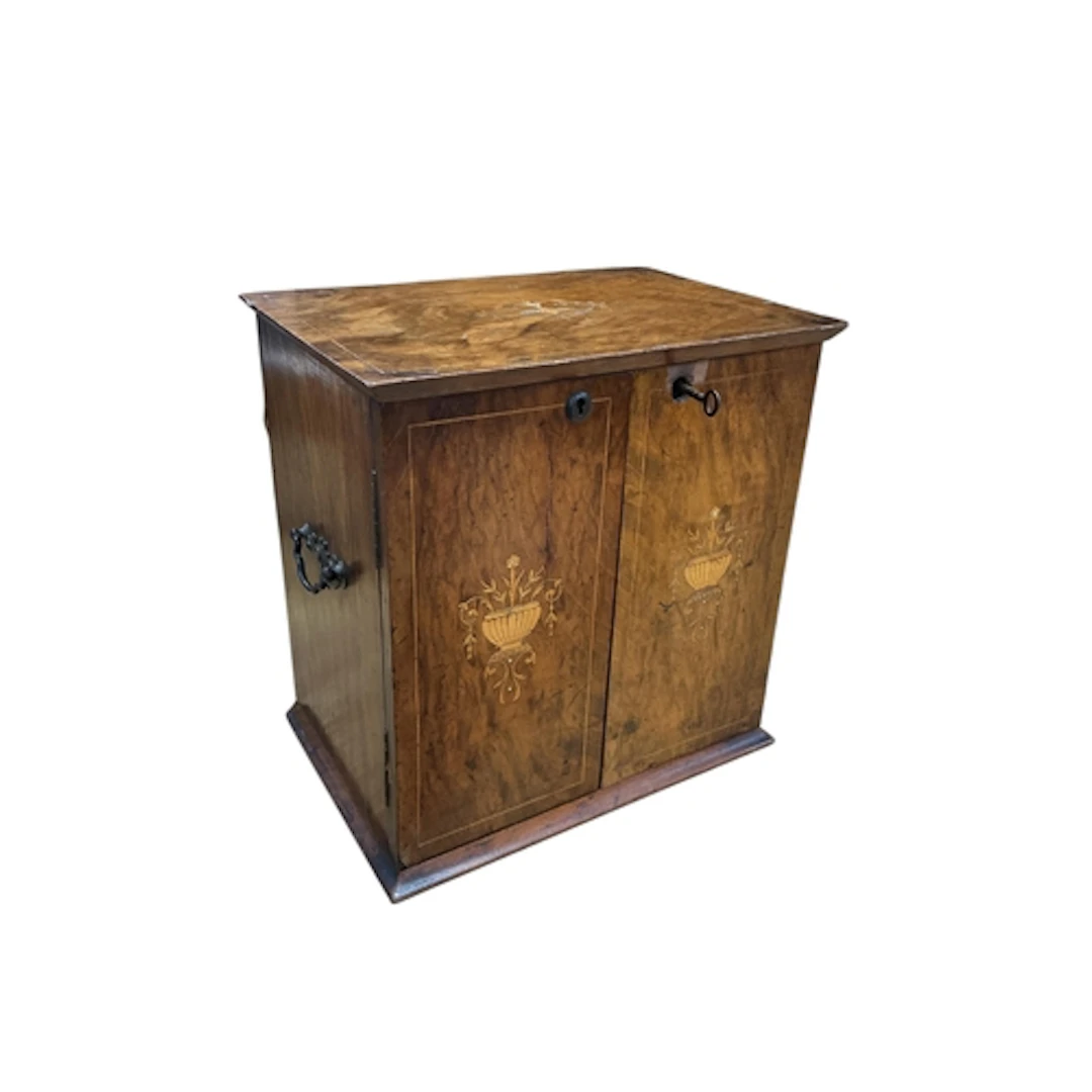A late Victorian walnut and marquetry tabletop humidor fitte...