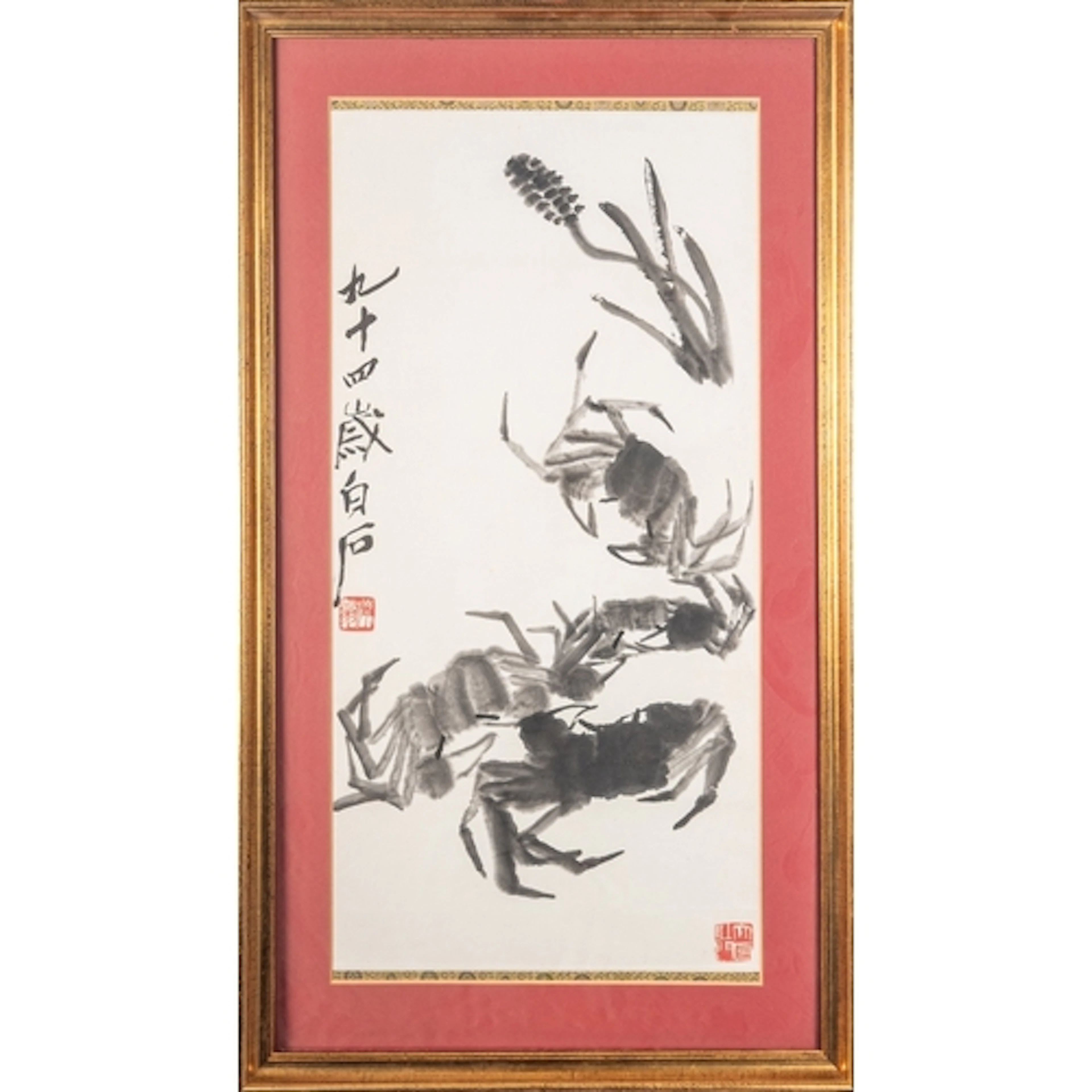 A Chinese ink drawing after Qi Baishi crabs and water plant...