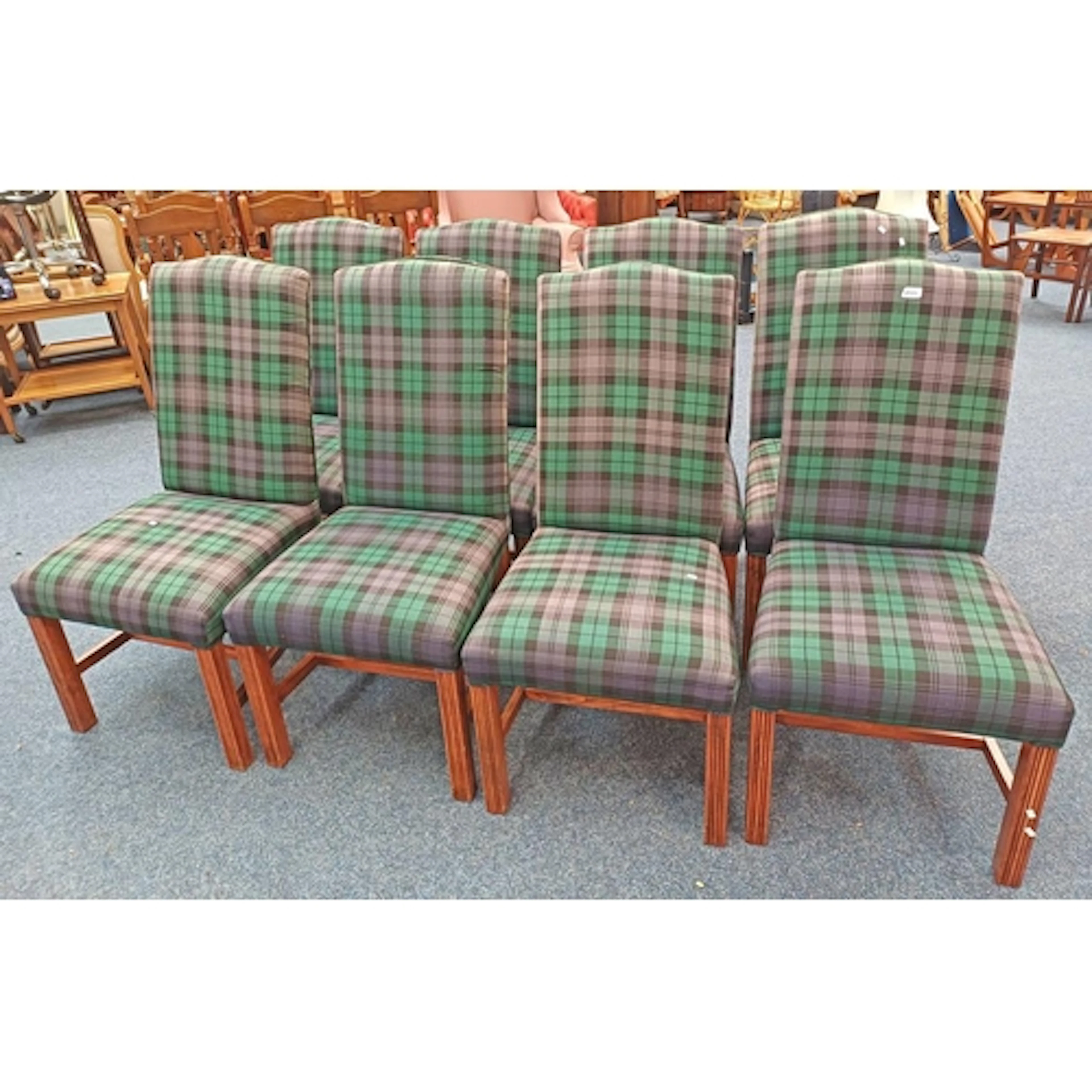 SET OF 8 OVERSTUFFED DINING CHAIRS WITH TARTAN PATTERN