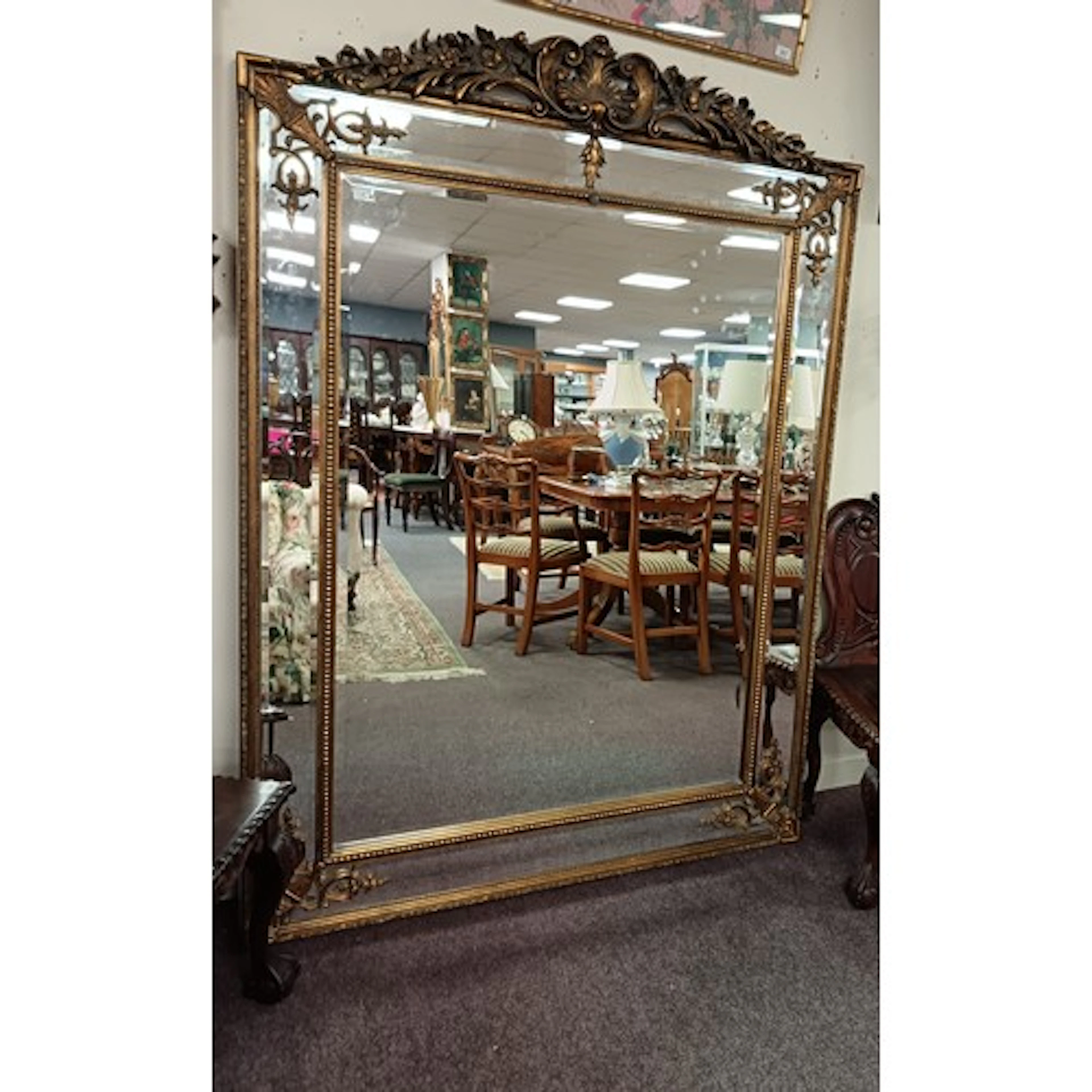 Large Gold Bevelled Edge Wall Mirror with Crest and Corner D...