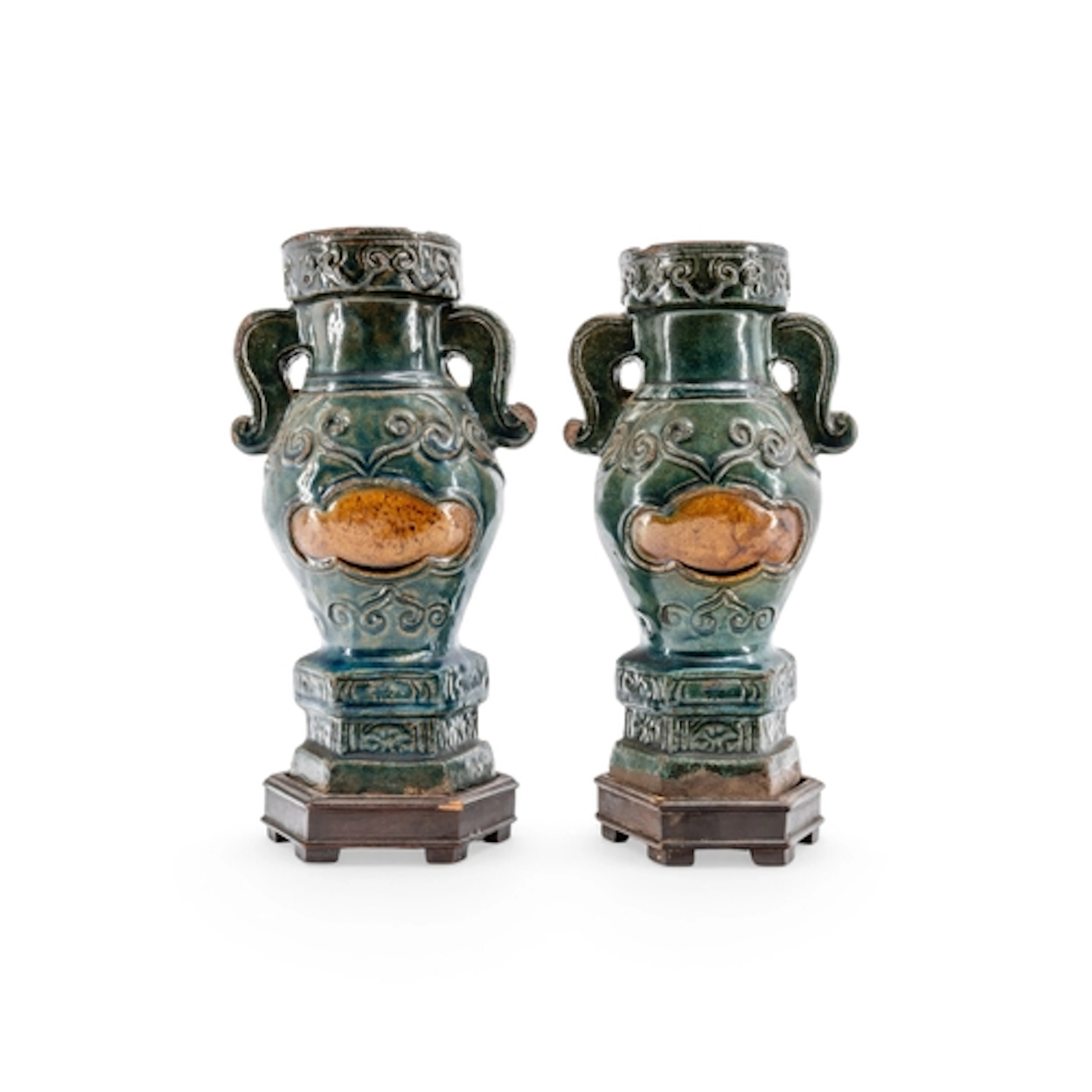 A PAIR OF TURQUOISE AND AMBER GLAZED VASES MING DYNASTY, 17...