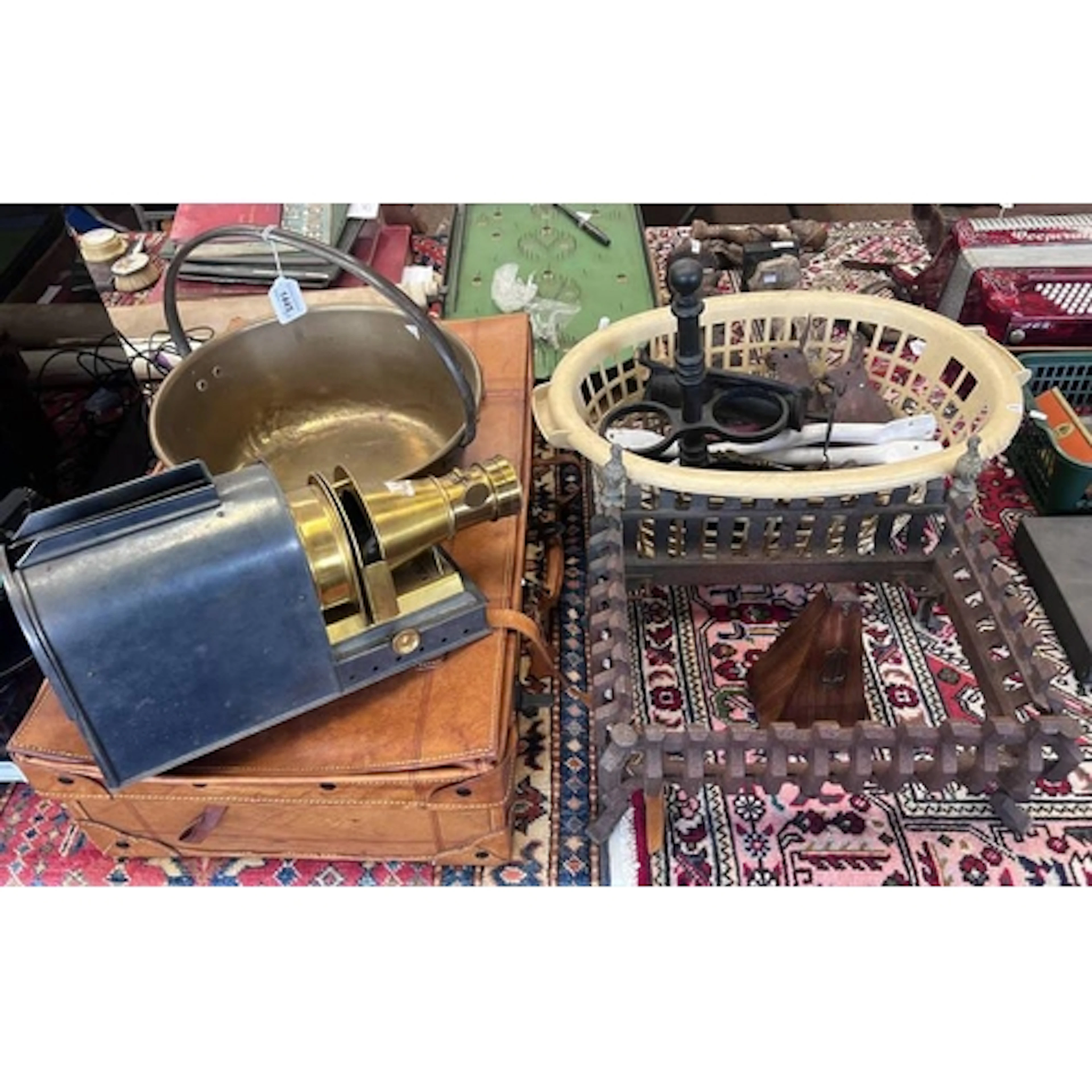SUITCASE, BRASS & IRON JELLY PAN, METRONOME, PROJECTOR, ETC