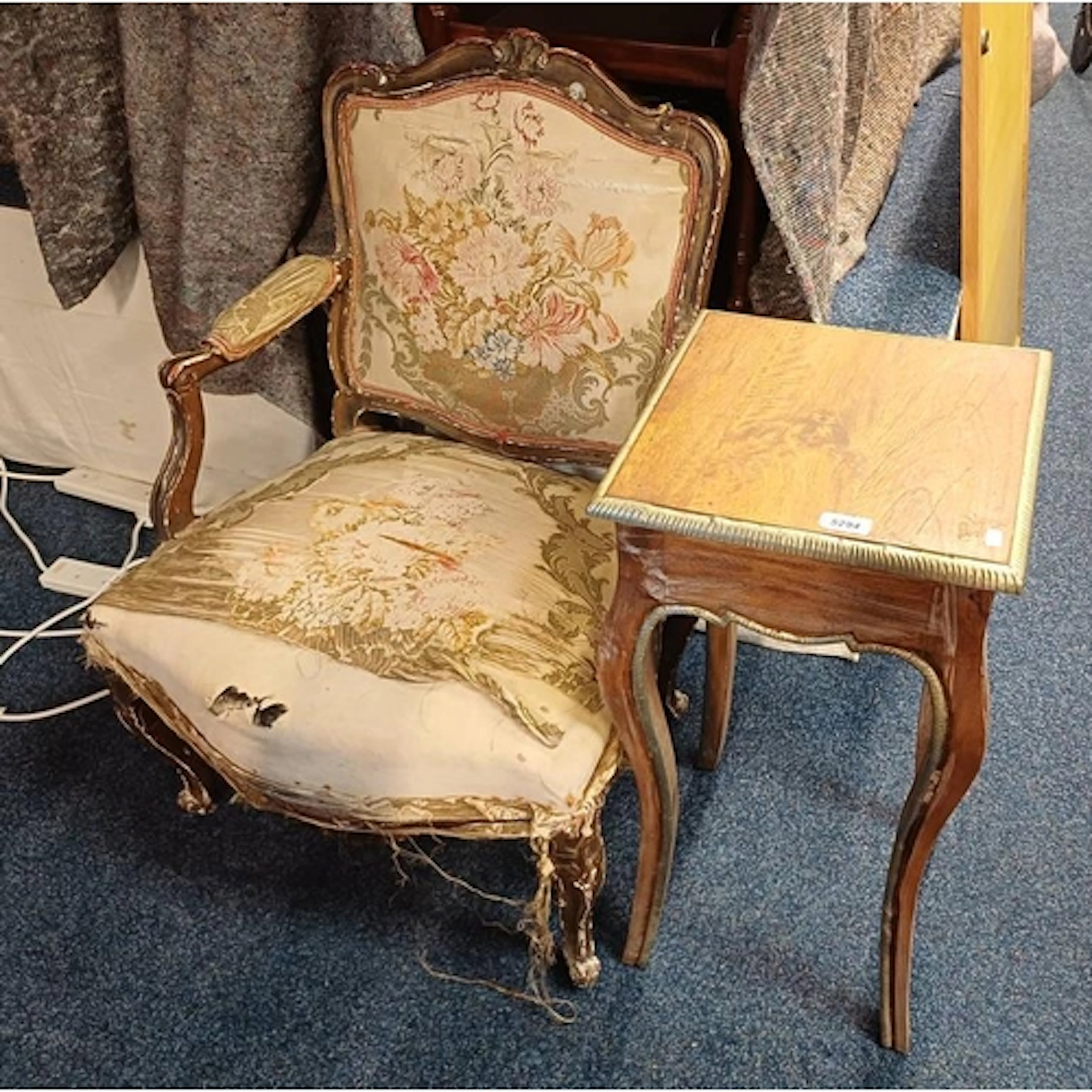 GILT FRAMED CONTINENTAL ARMCHAIR & HARDWOOD OCCASIONAL TABLE