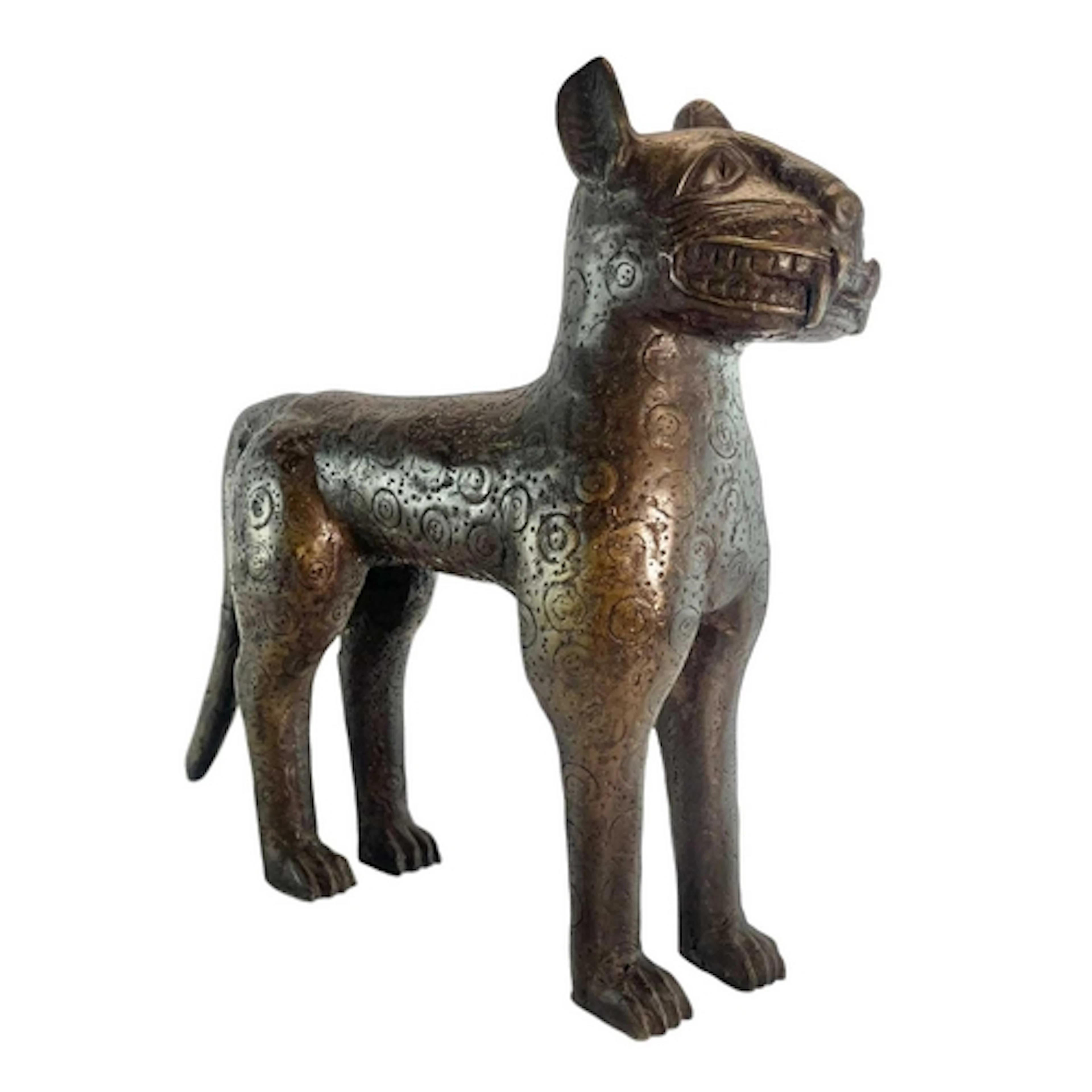 A Benin West African 20th century cast bronze of a leopard. ...