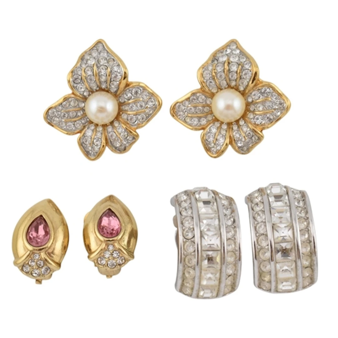 Three pairs of clip-on earrings. To include white metal hoop...