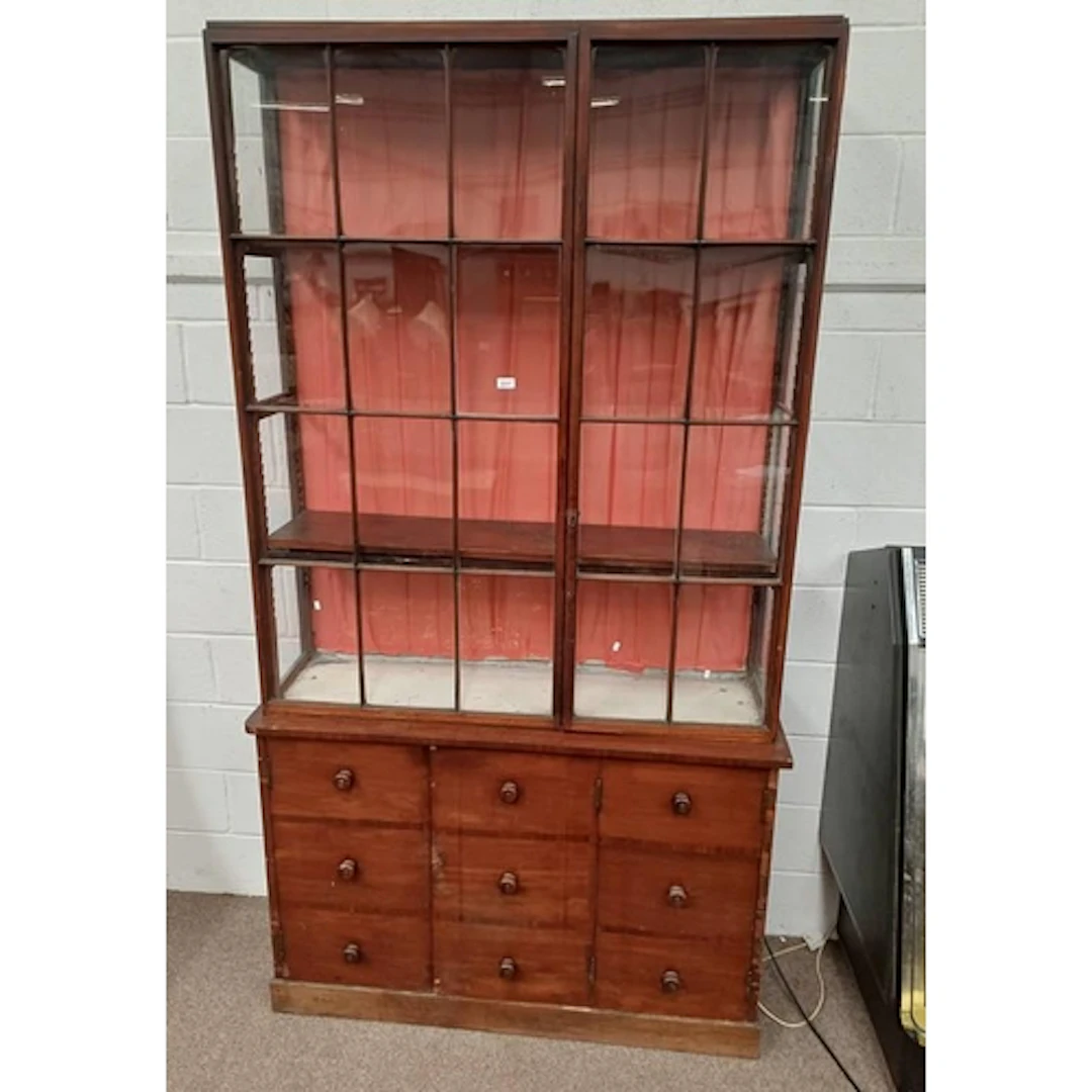 MAHOGANY CABINET WITH 2 GLAZED PANEL DOORS OVER BASE WITH FO...