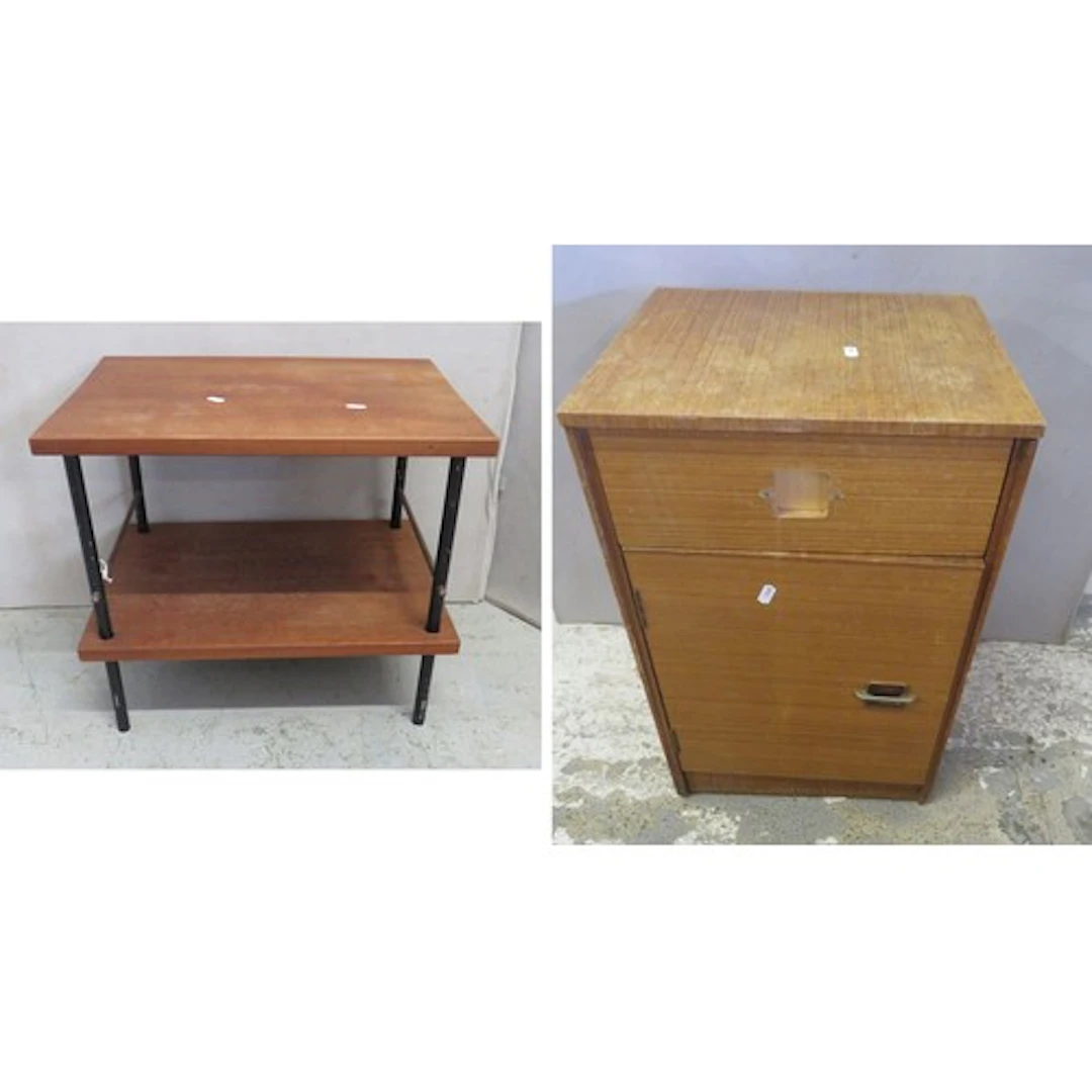 Small 2 Tier Oak Side Table with black metal frame, black ci...