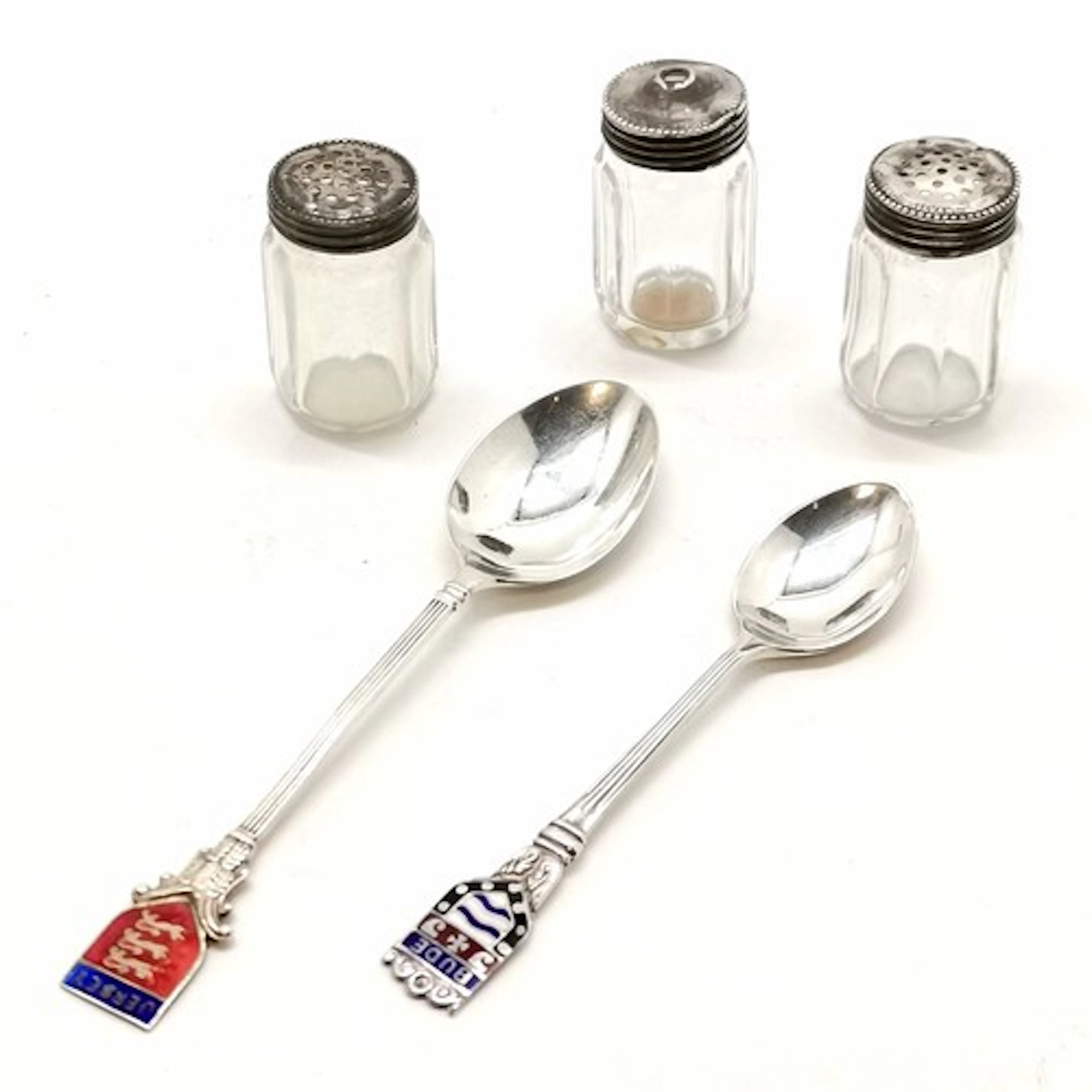 2 x Silver souvenir spoons (Jersey & Bude) t/w 3 silver mini...
