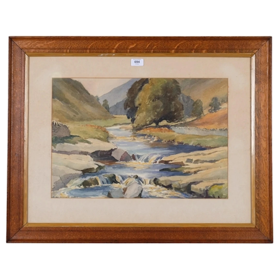 William Shone, rocky stream, watercolour, 36cm x 53cm, frame...