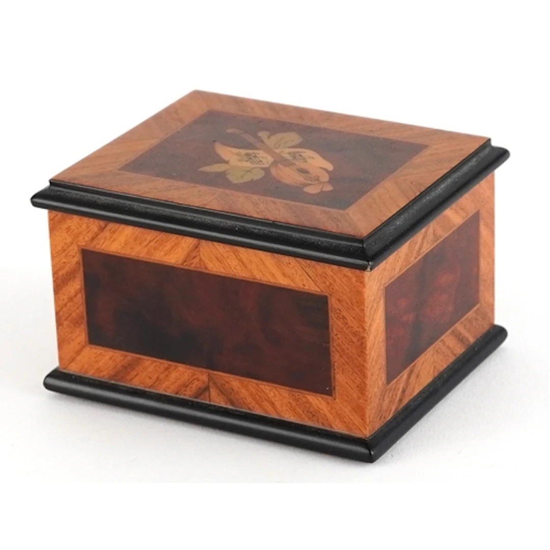 Swiss inlaid Reuge music box - Romance, 9cm wide.