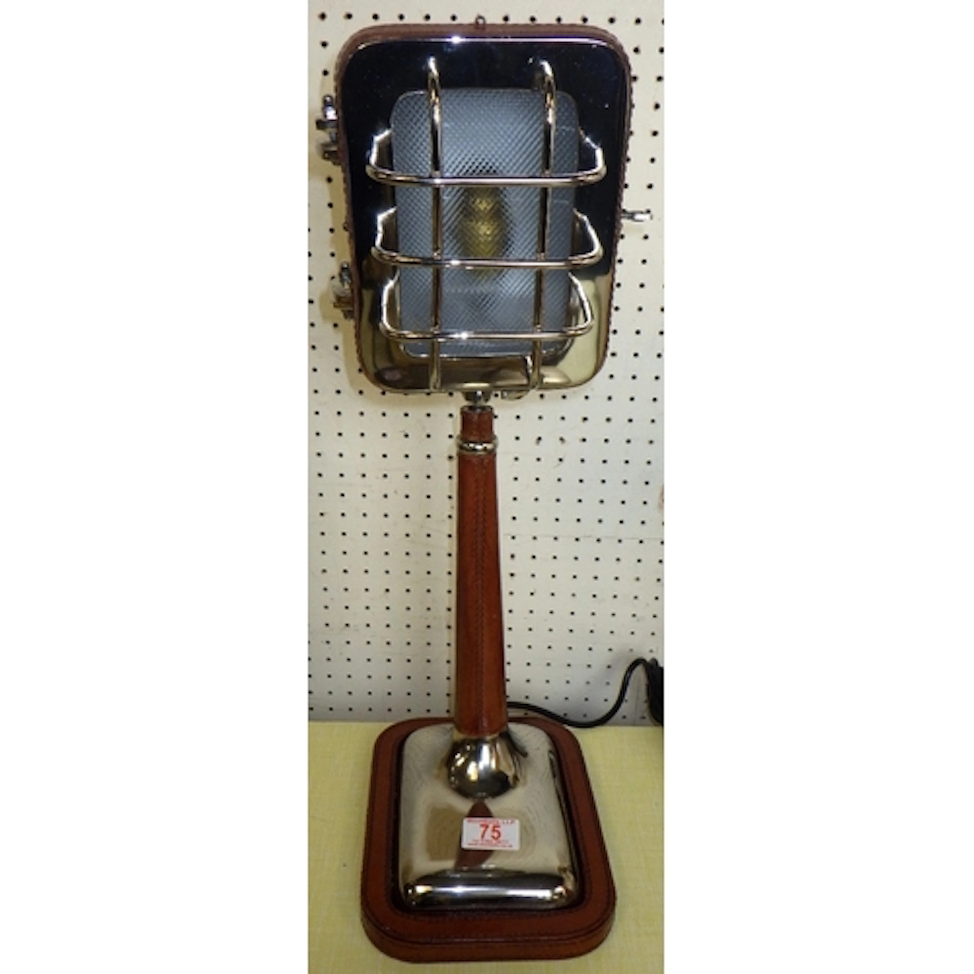 A chrome & leather table lamp, 53cm tall
