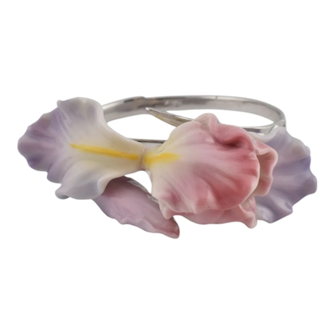 A signed Franz hand-painted porcelain iris flower bangle bra...