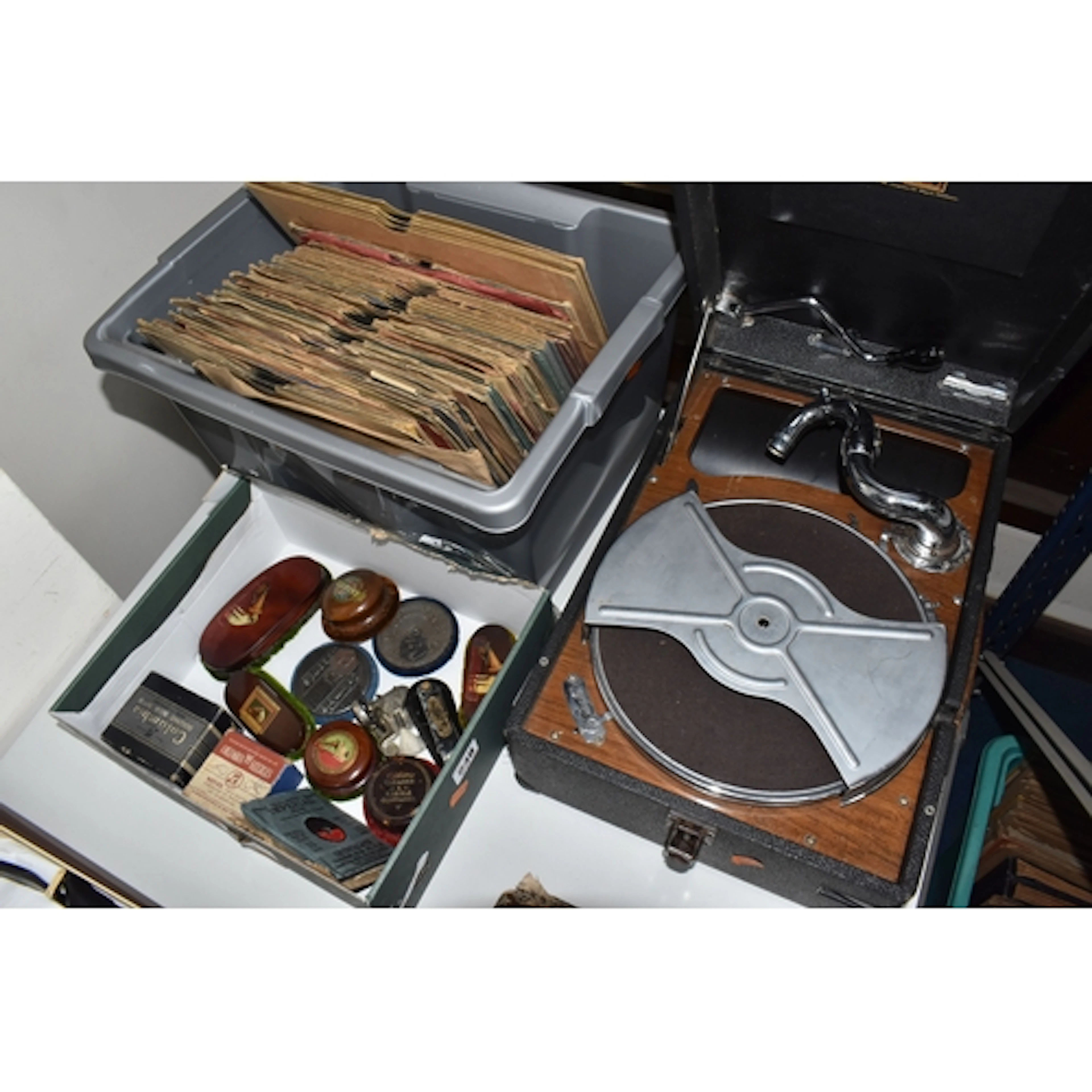 TWO BOXES AND LOOSE GRAMOPHONE AND ACCESSORIES, to include a...