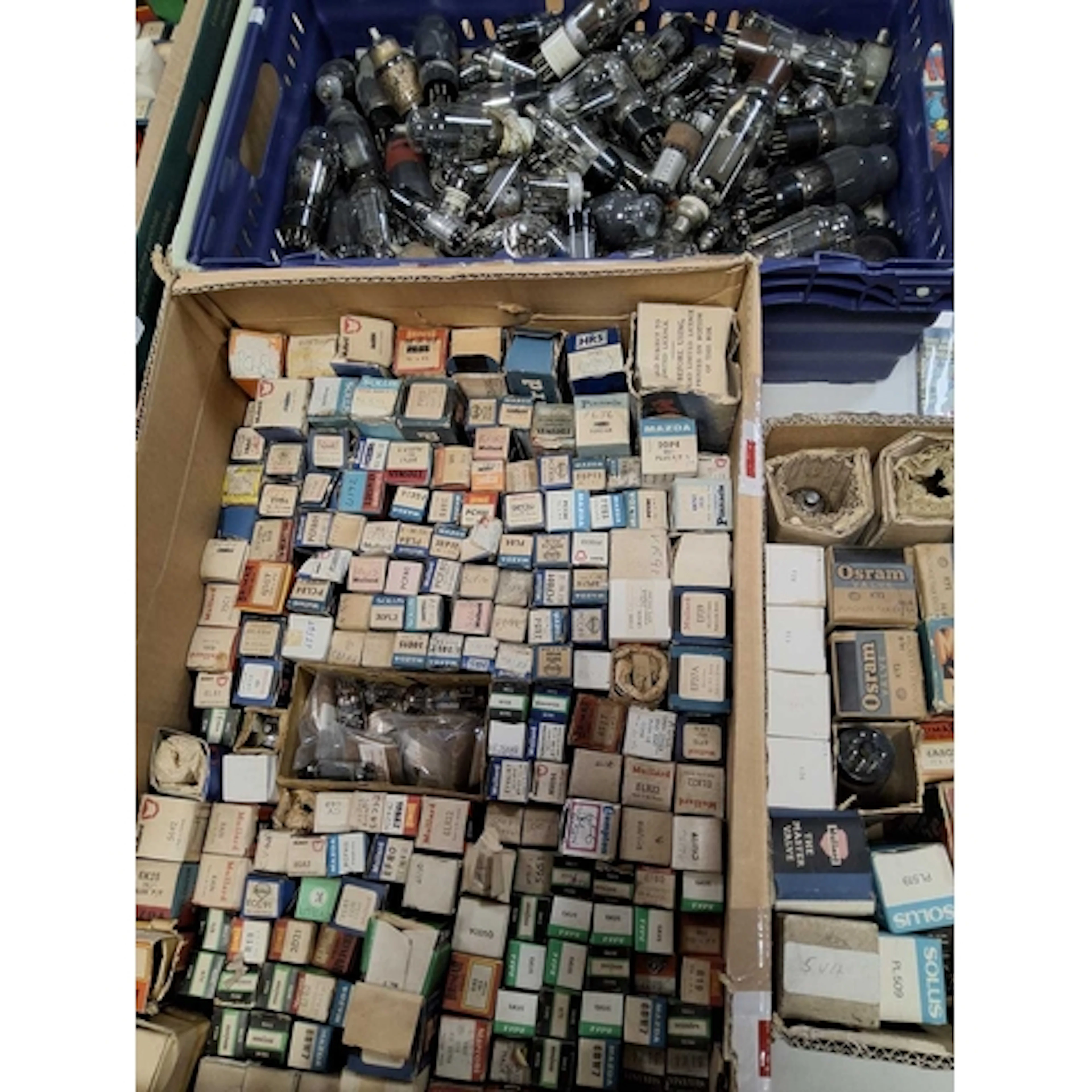 THREE BOXES OF THERMIONIC RADIO VALVES comprising a large nu...