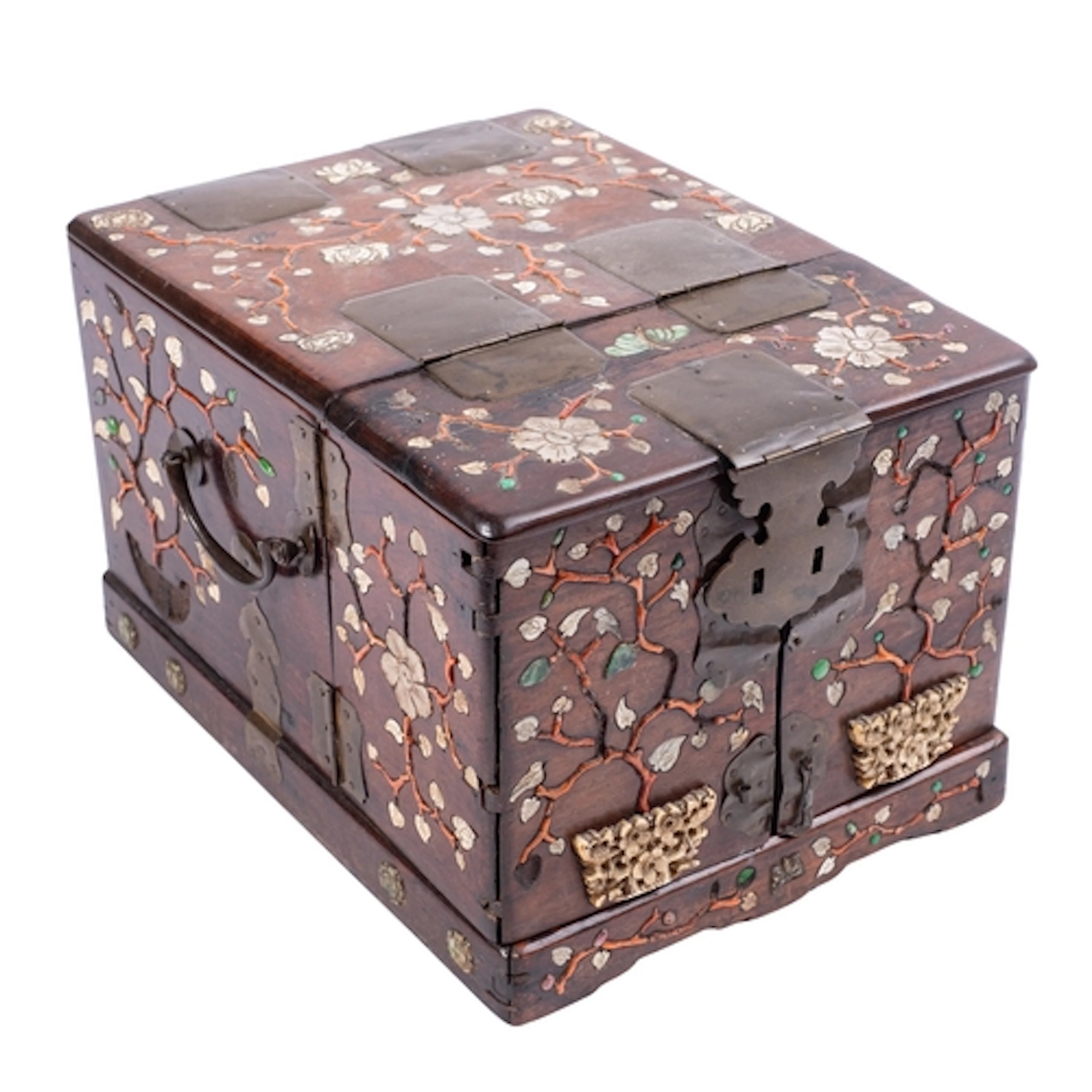 An Oriental inlaid and metal mounted hardwood travelling dre...